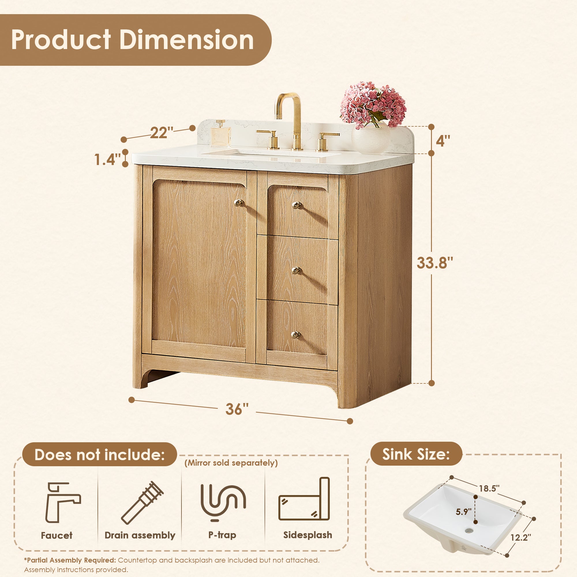 Milner Bathroom Vanity in Brushed Oak with Grain White Engineered Stone Countertop without Mirror