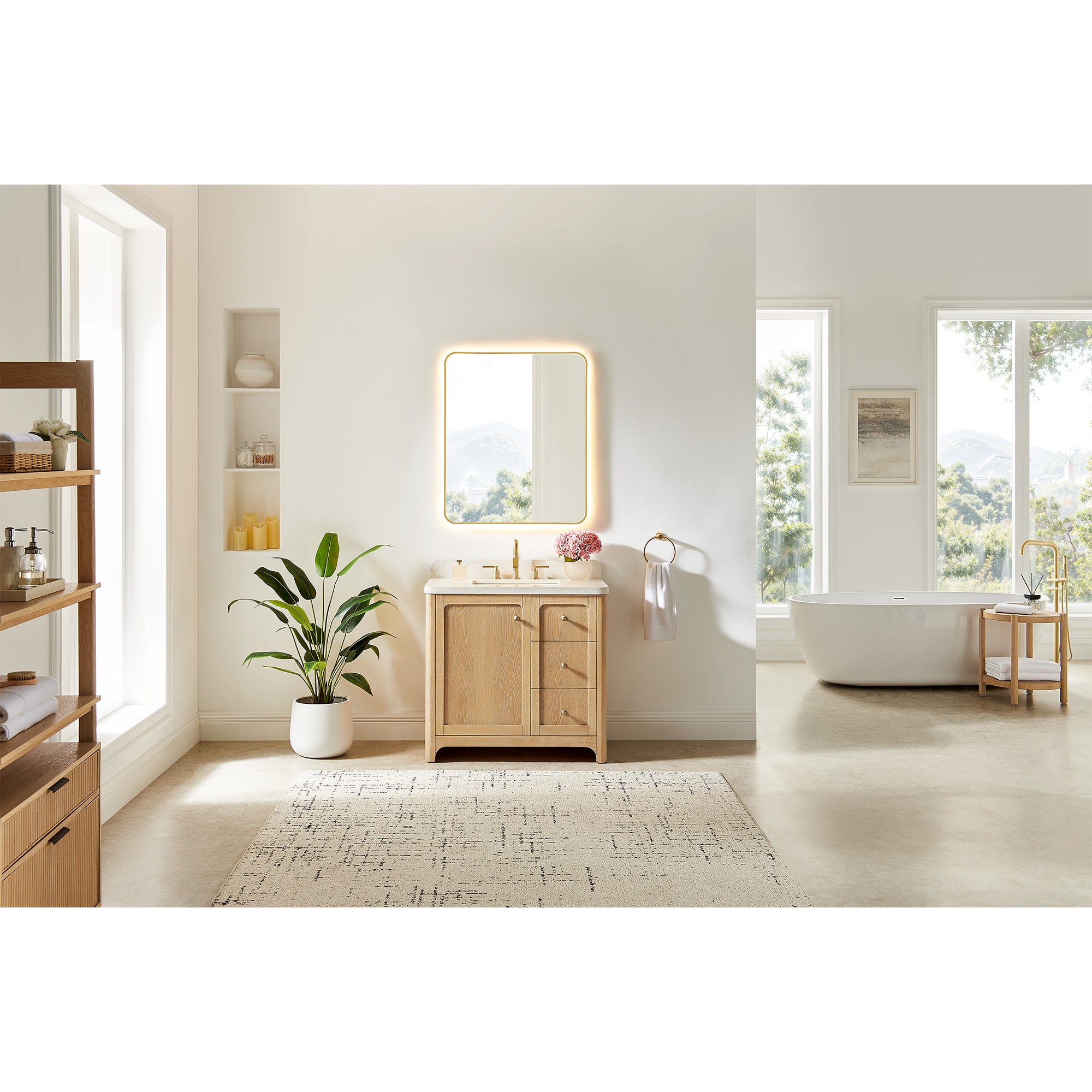Milner Bathroom Vanity in Brushed Oak with Grain White Engineered Stone Countertop without Mirror