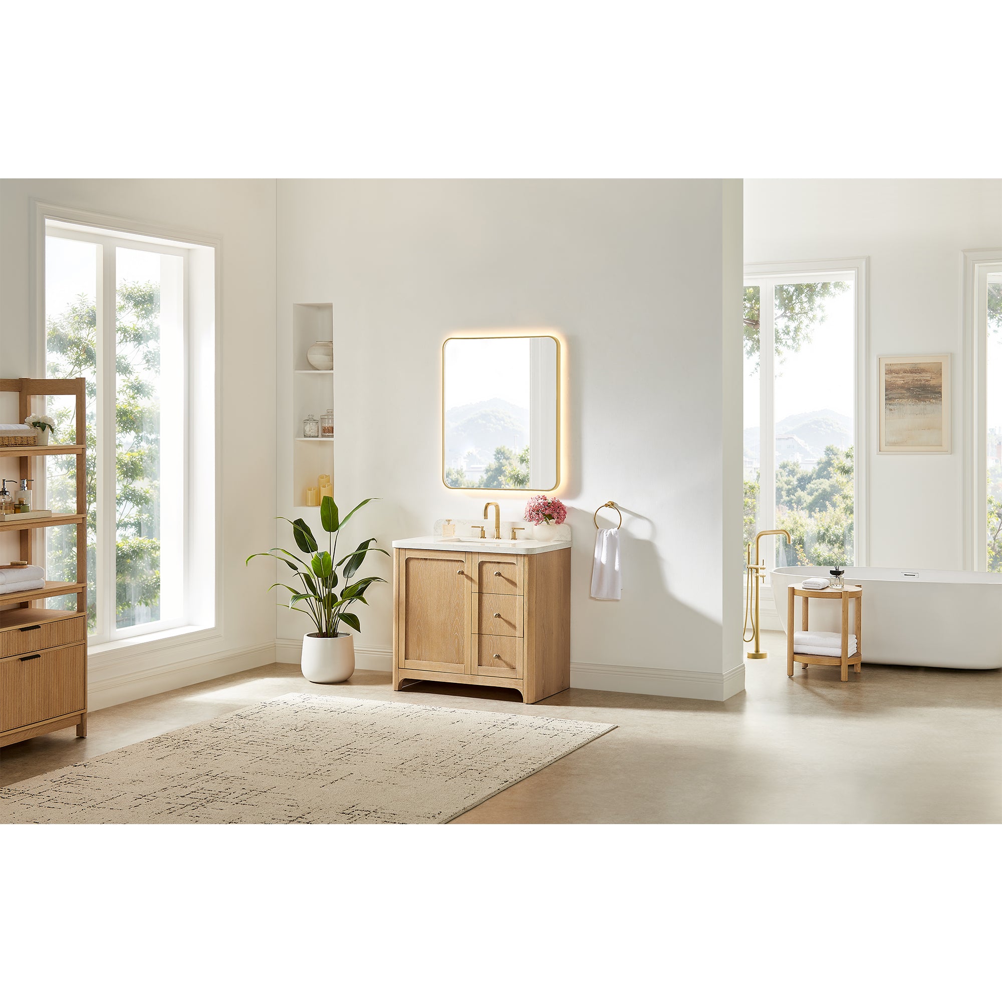 Milner Bathroom Vanity in Brushed Oak with Grain White Engineered Stone Countertop without Mirror