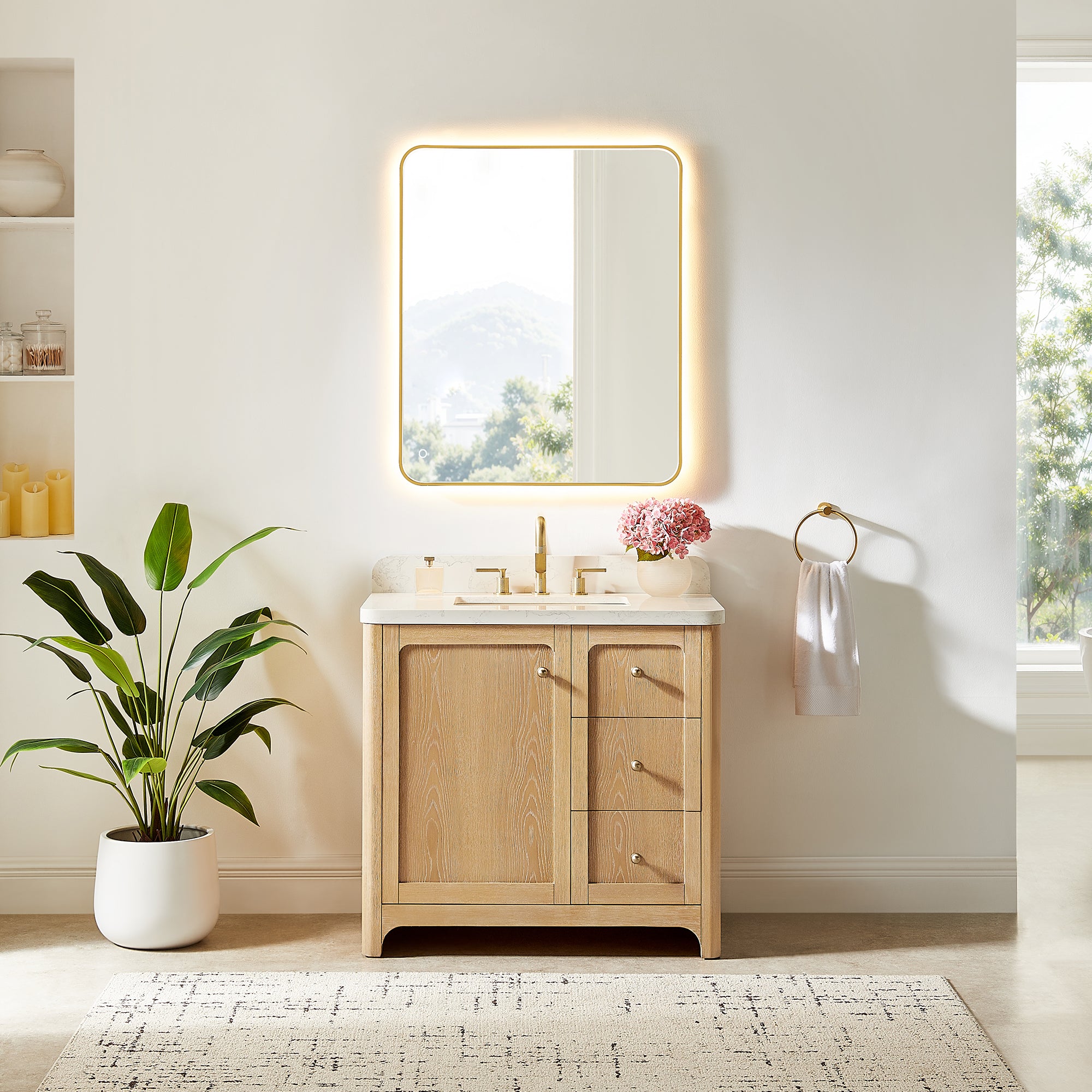 Milner Bathroom Vanity in Brushed Oak with Grain White Engineered Stone Countertop without Mirror