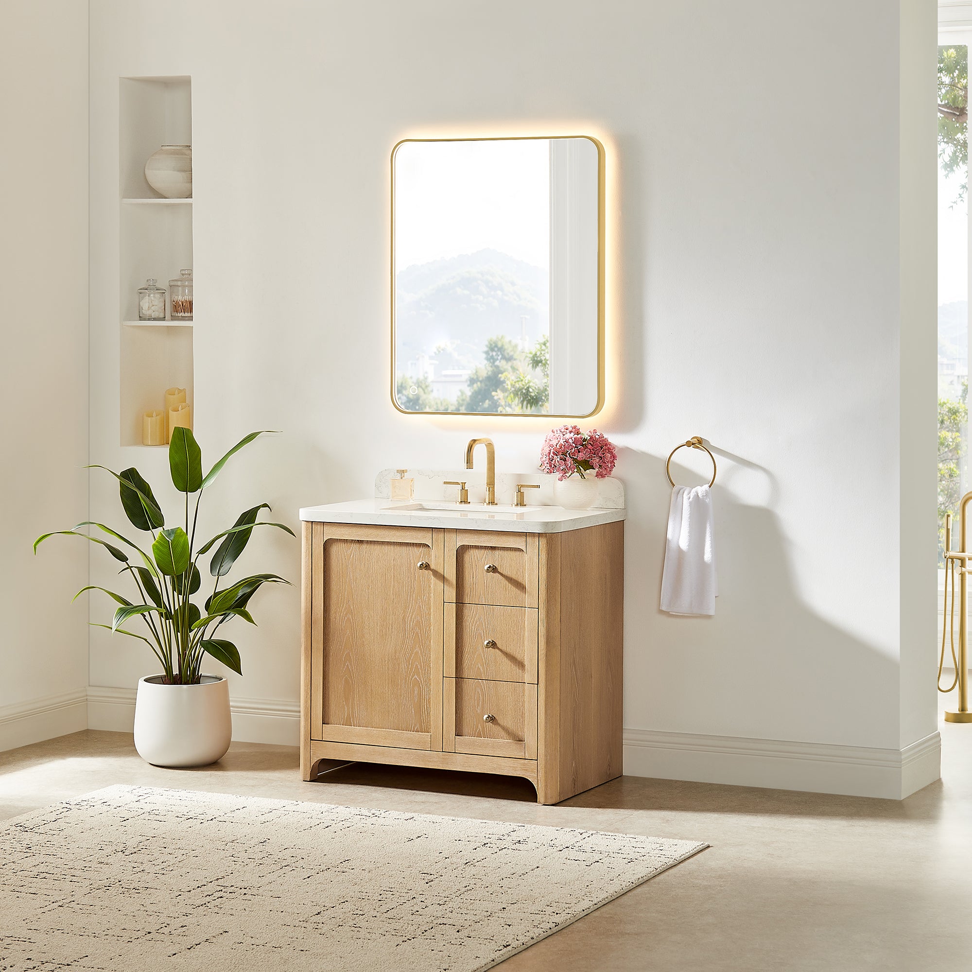 Milner Bathroom Vanity in Brushed Oak with Grain White Engineered Stone Countertop without Mirror