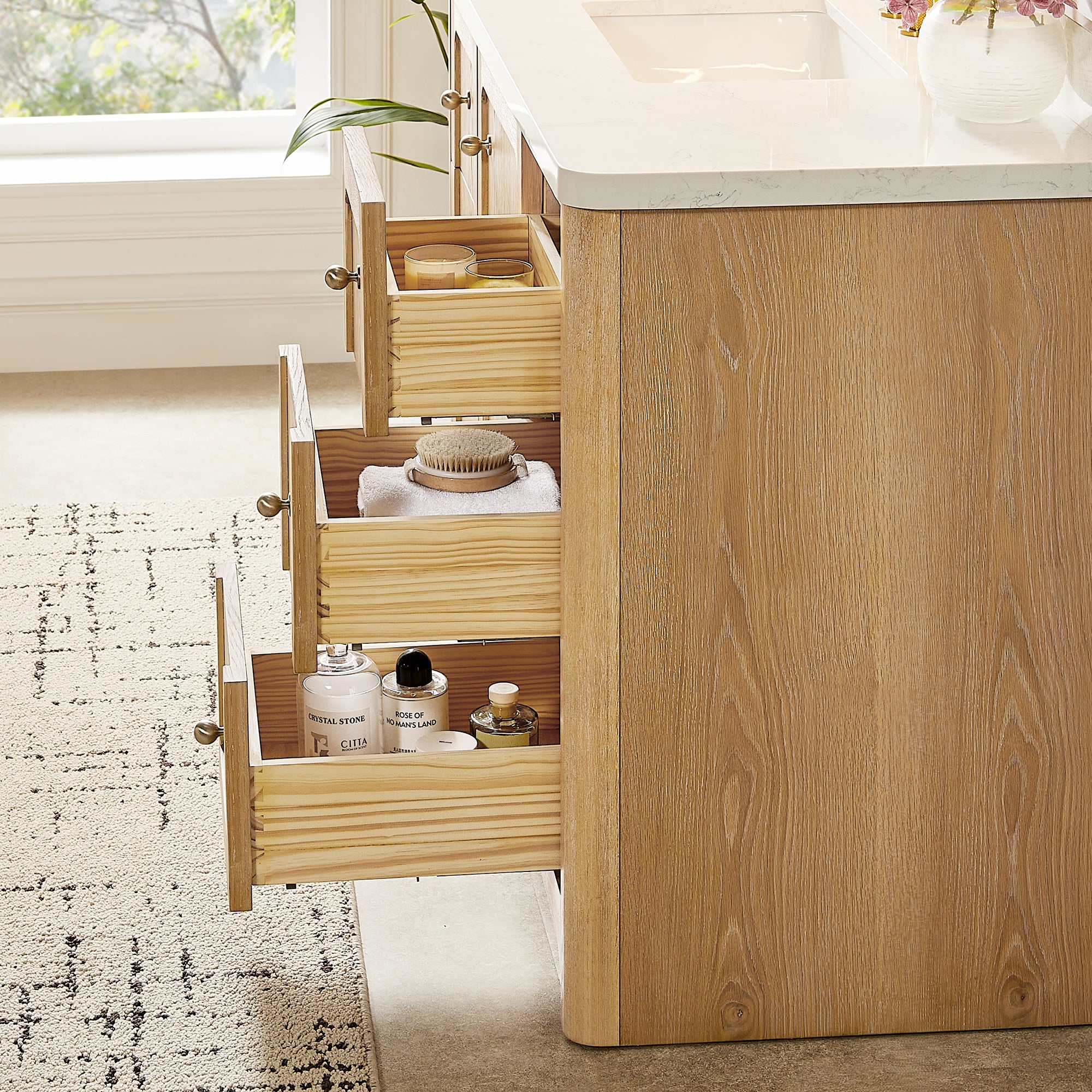 Milner Bathroom Vanity in Brushed Oak with Grain White Engineered Stone Countertop without Mirror