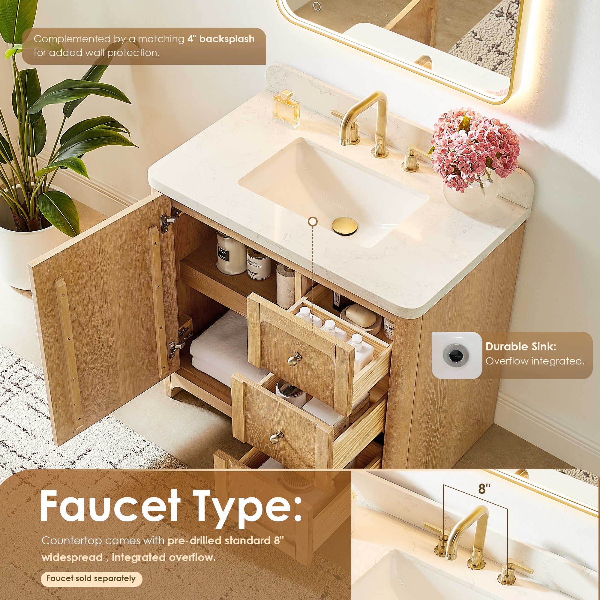 Milner Bathroom Vanity in Brushed Oak with Grain White Engineered Stone Countertop without Mirror