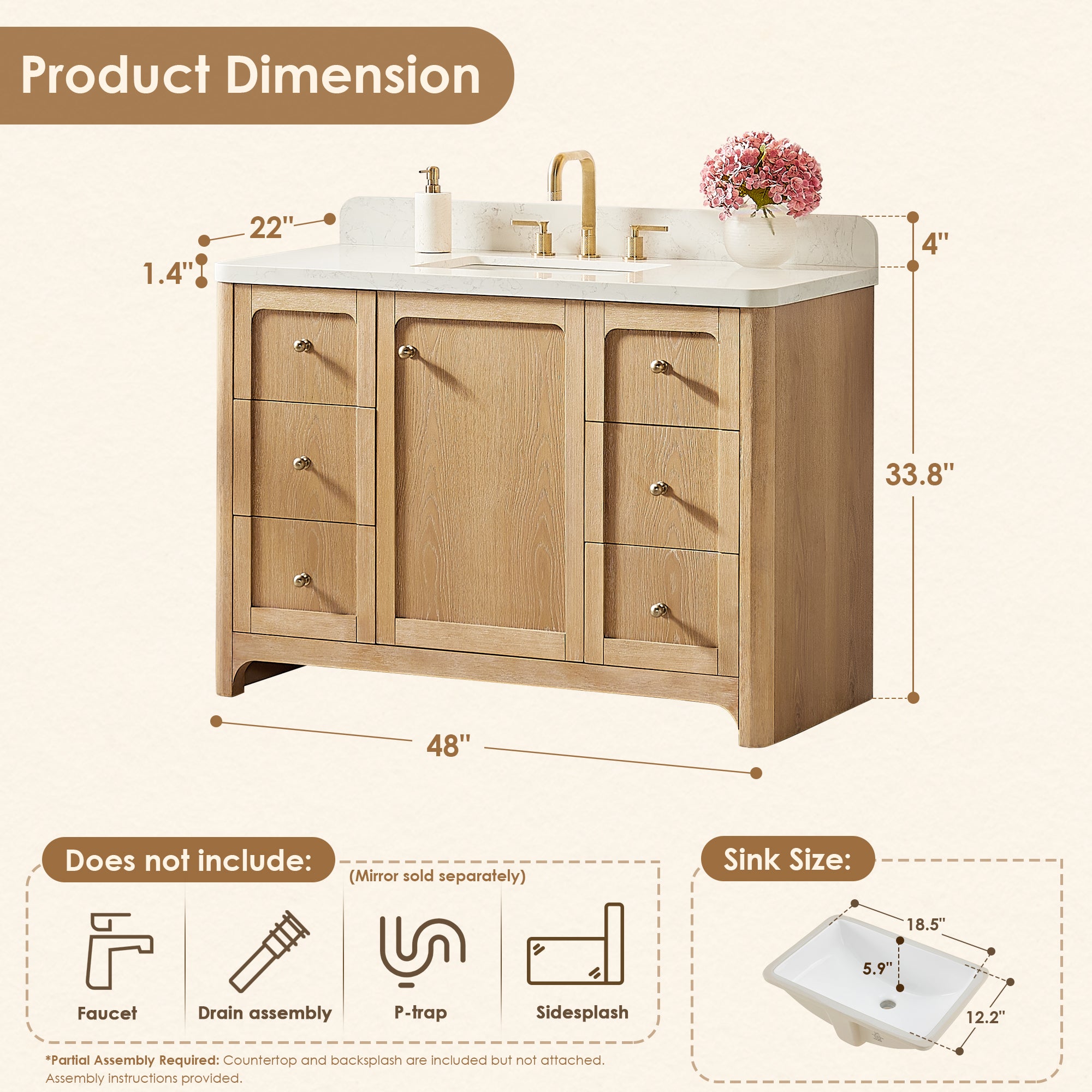 Milner Bathroom Vanity in Brushed Oak with Grain White Engineered Stone Countertop without Mirror