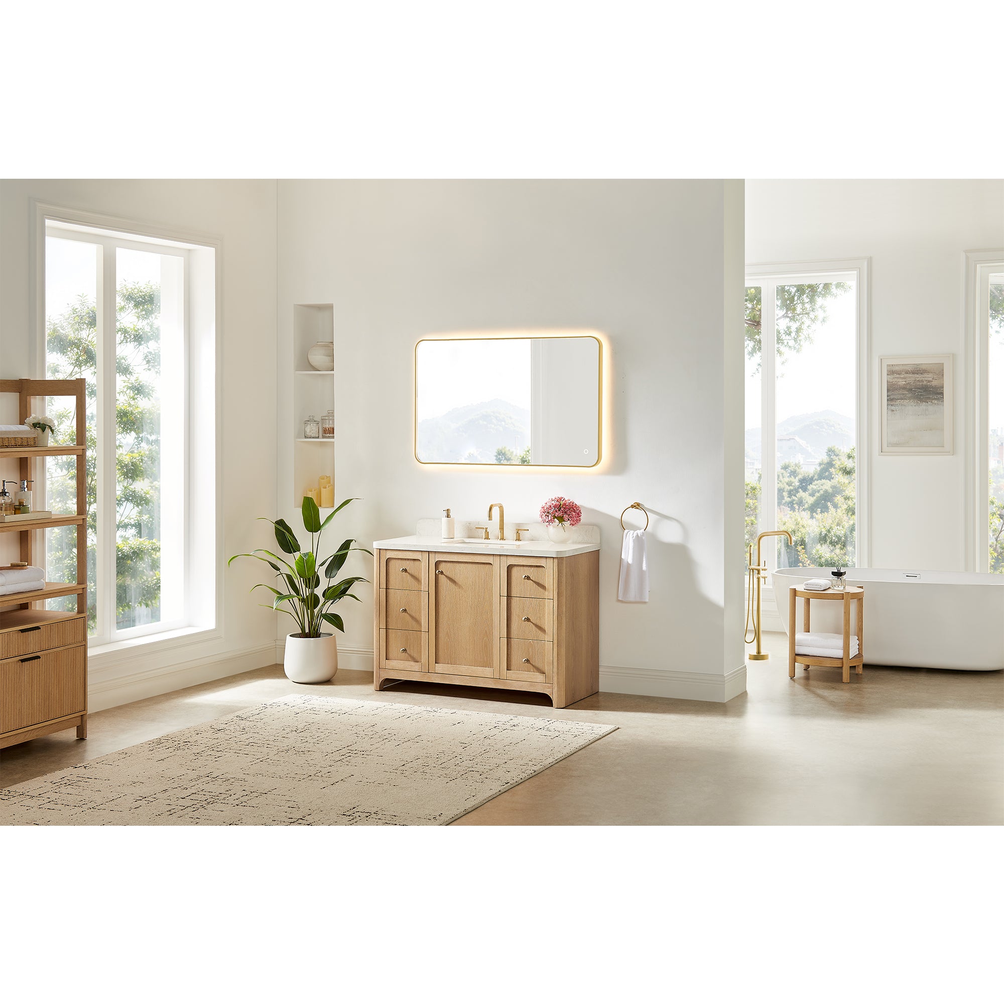 Milner Bathroom Vanity in Brushed Oak with Grain White Engineered Stone Countertop without Mirror