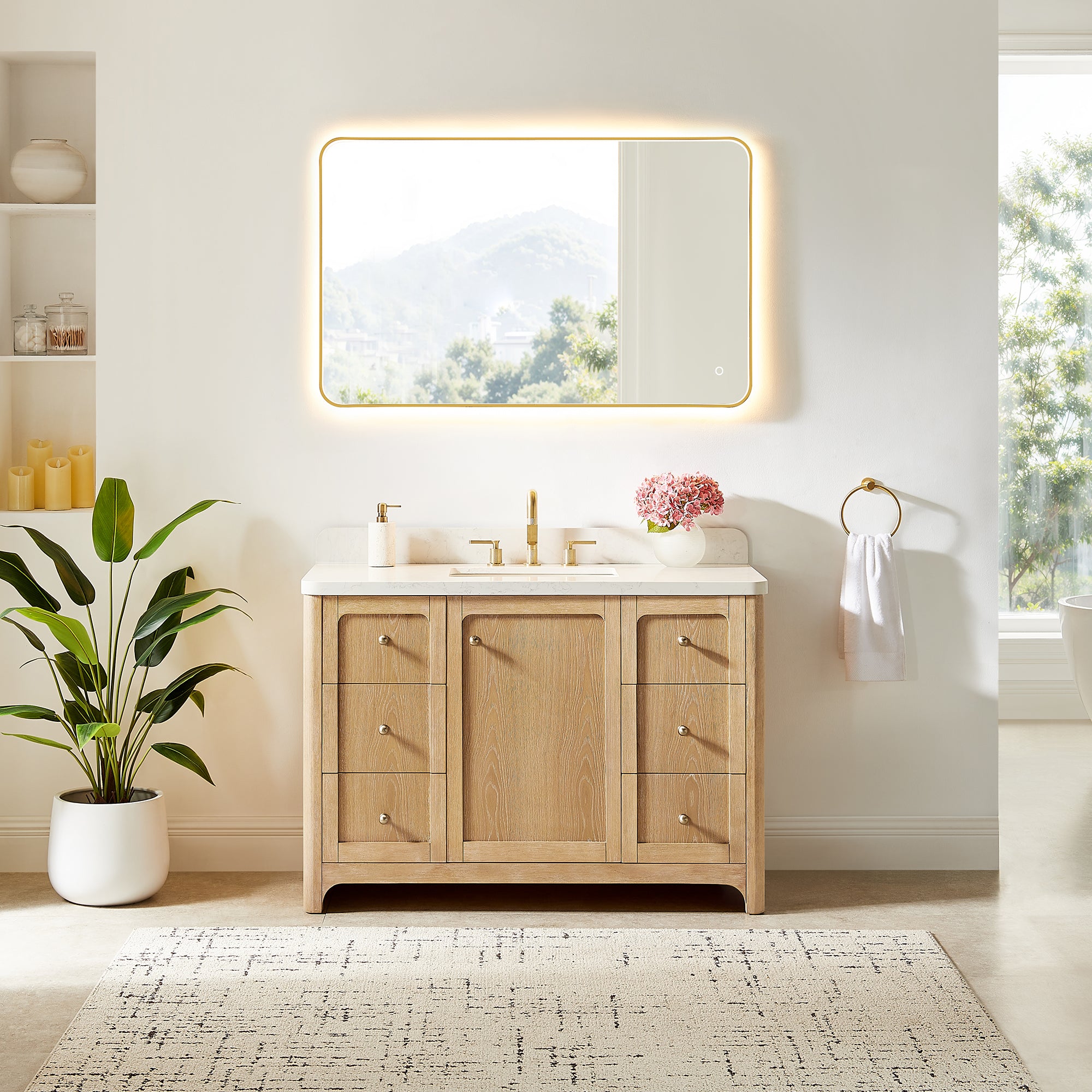 Milner Bathroom Vanity in Brushed Oak with Grain White Engineered Stone Countertop without Mirror