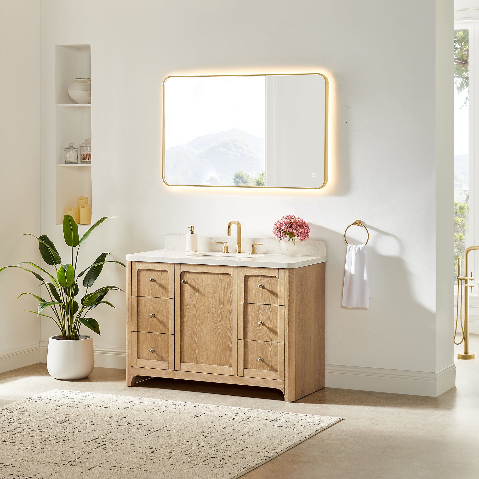 Milner Bathroom Vanity in Brushed Oak with Grain White Engineered Stone Countertop without Mirror