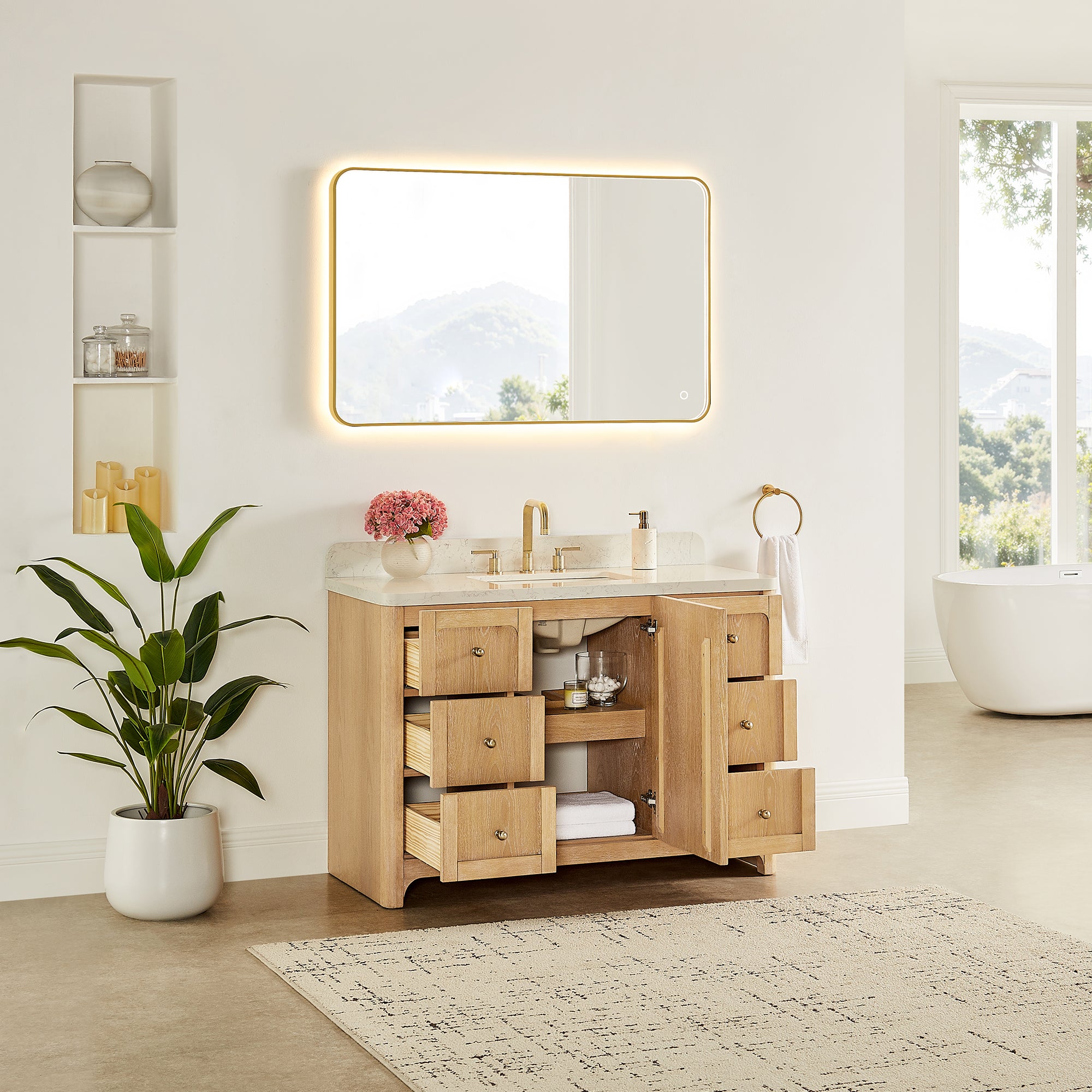 Milner Bathroom Vanity in Brushed Oak with Grain White Engineered Stone Countertop without Mirror