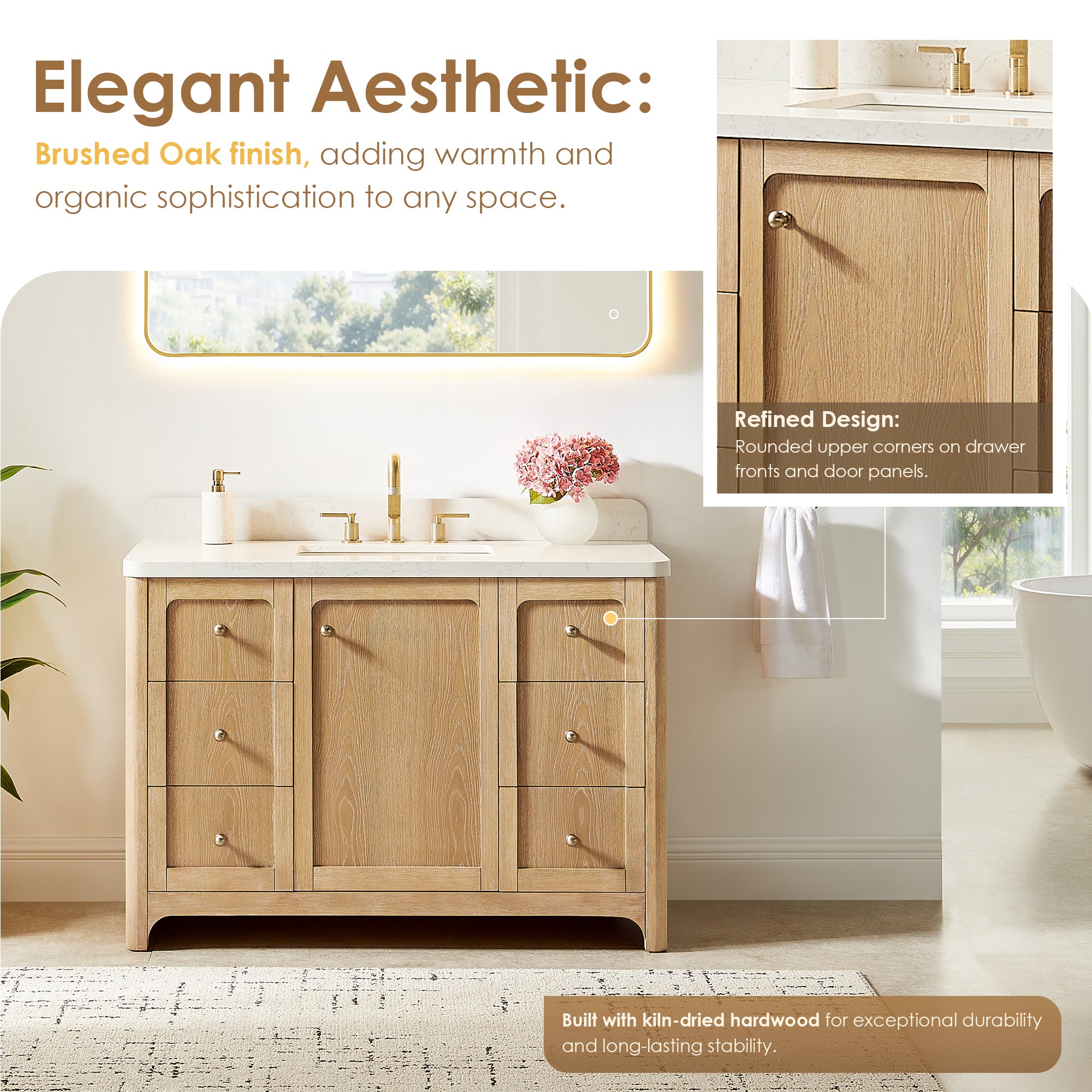 Milner Bathroom Vanity in Brushed Oak with Grain White Engineered Stone Countertop without Mirror