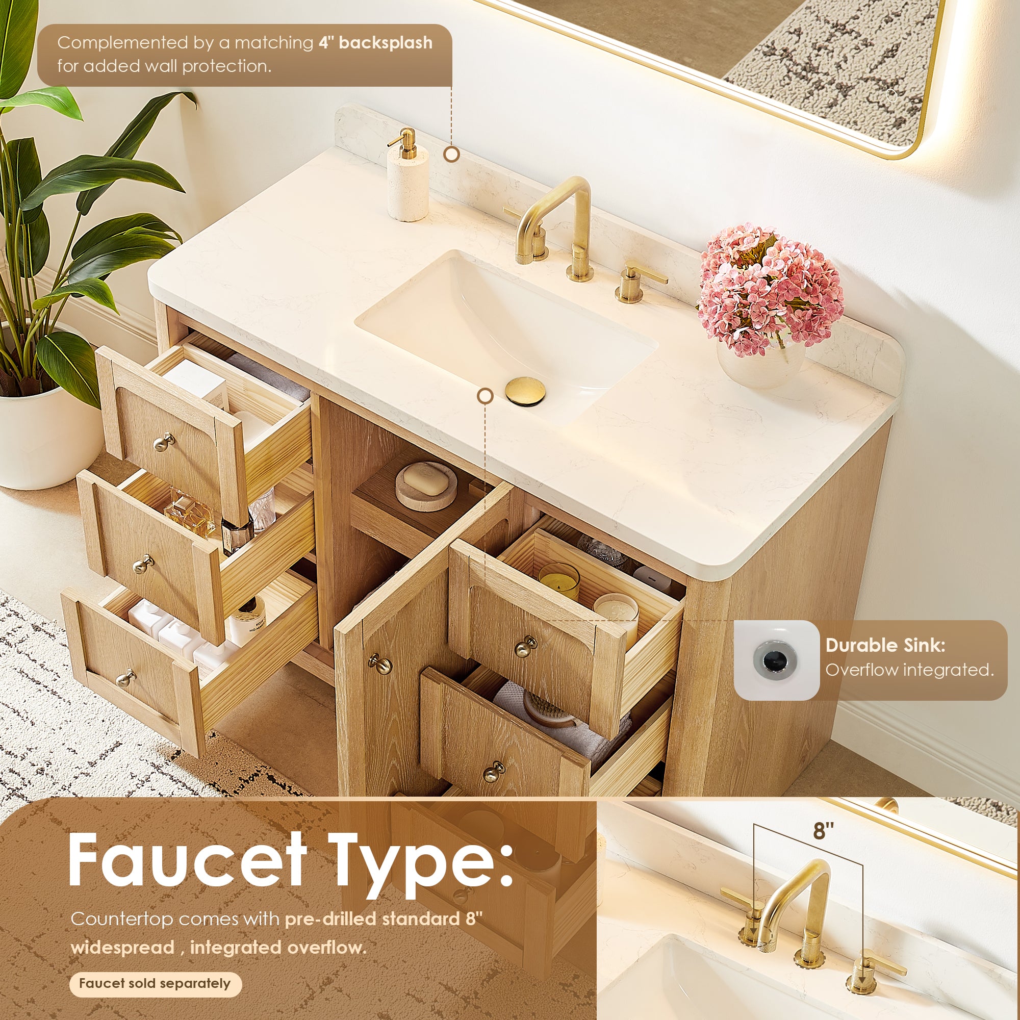 Milner Bathroom Vanity in Brushed Oak with Grain White Engineered Stone Countertop without Mirror