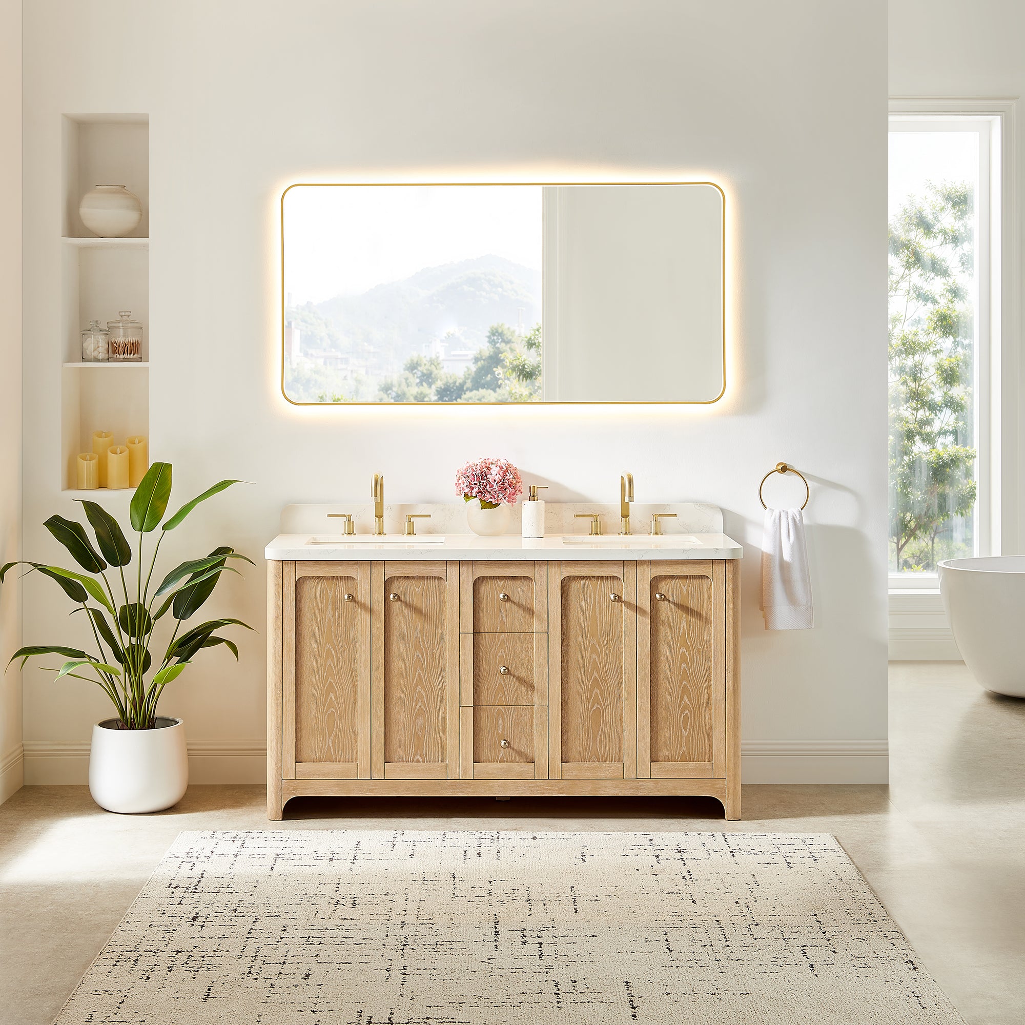 Milner Bathroom Vanity in Brushed Oak with Grain White Engineered Stone Countertop without Mirror