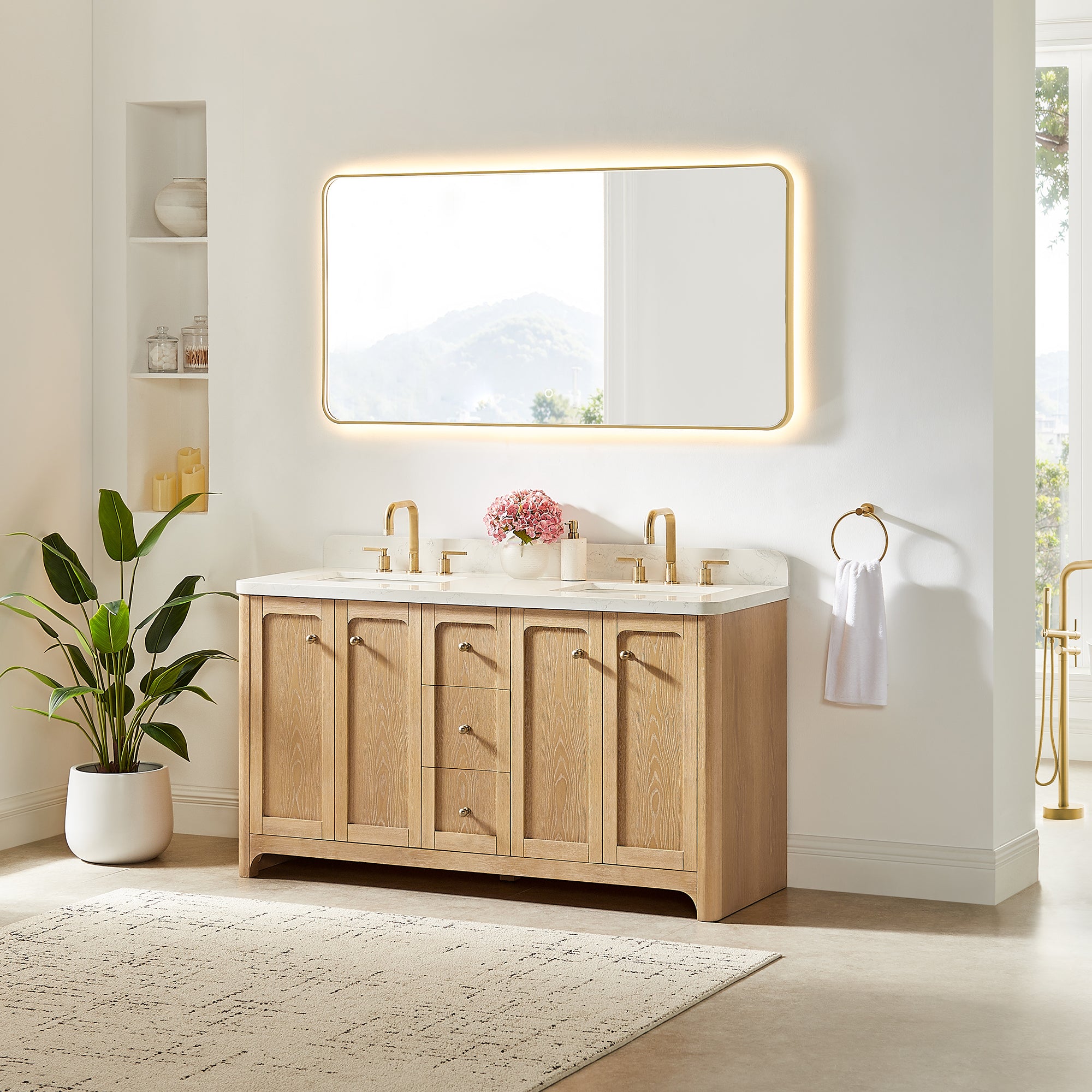 Milner Bathroom Vanity in Brushed Oak with Grain White Engineered Stone Countertop without Mirror