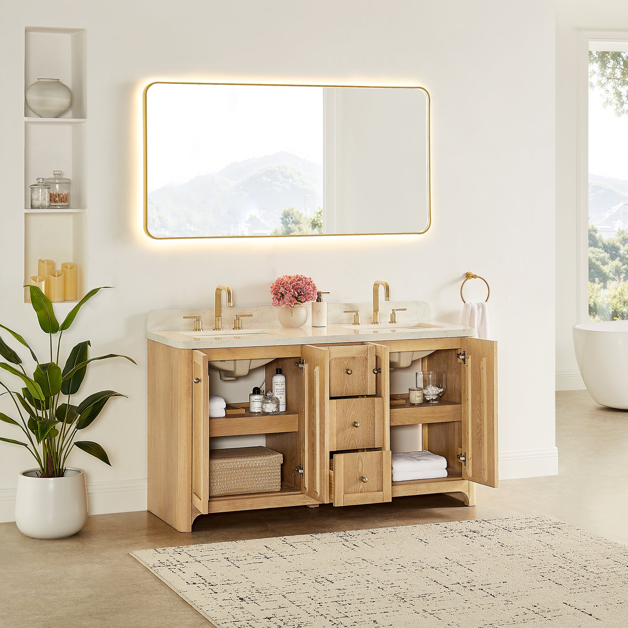 Milner Bathroom Vanity in Brushed Oak with Grain White Engineered Stone Countertop without Mirror
