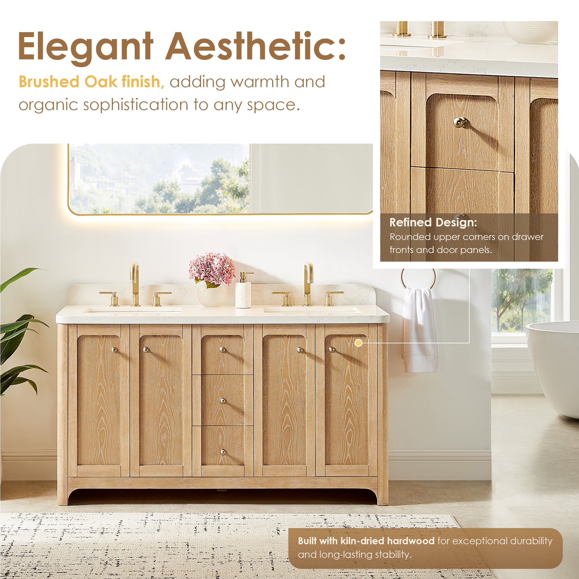 Milner Bathroom Vanity in Brushed Oak with Grain White Engineered Stone Countertop without Mirror
