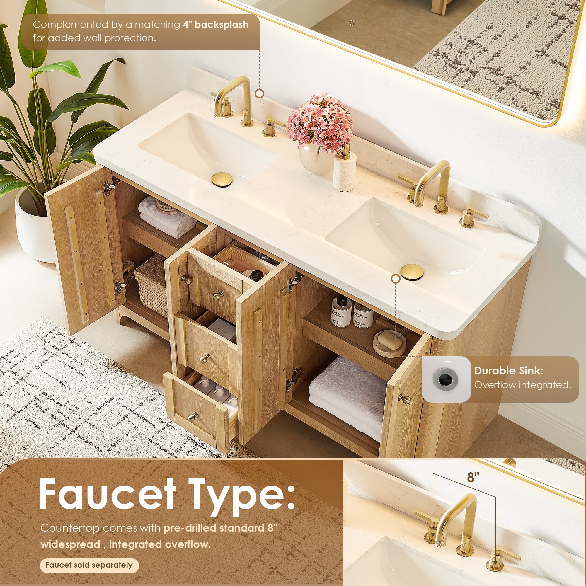 Milner Bathroom Vanity in Brushed Oak with Grain White Engineered Stone Countertop without Mirror