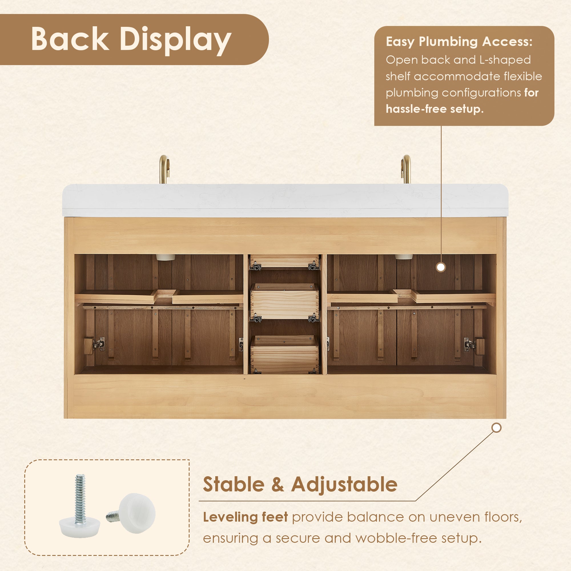 Milner Bathroom Vanity in Brushed Oak with Grain White Engineered Stone Countertop without Mirror