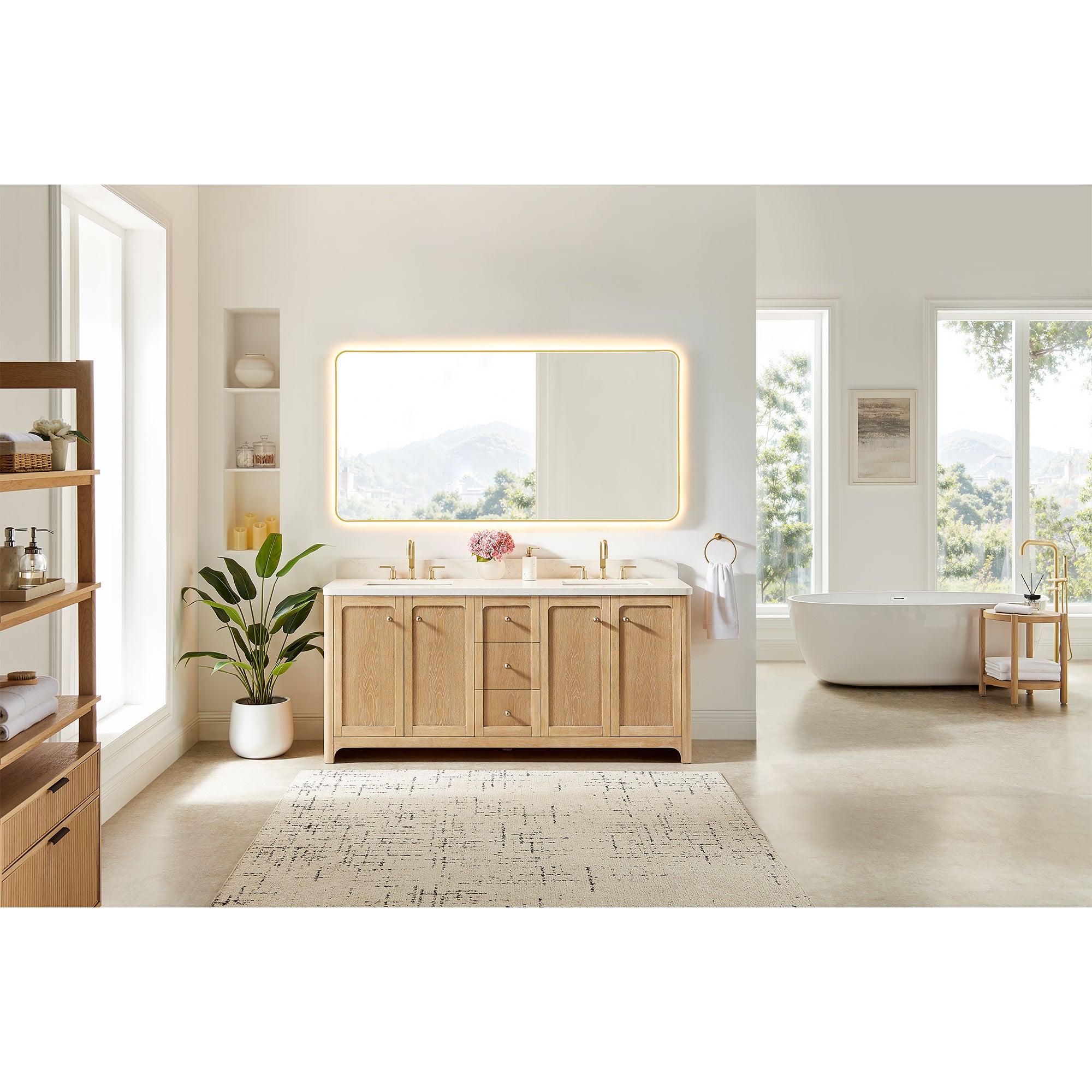 Milner Bathroom Vanity in Brushed Oak with Grain White Engineered Stone Countertop without Mirror