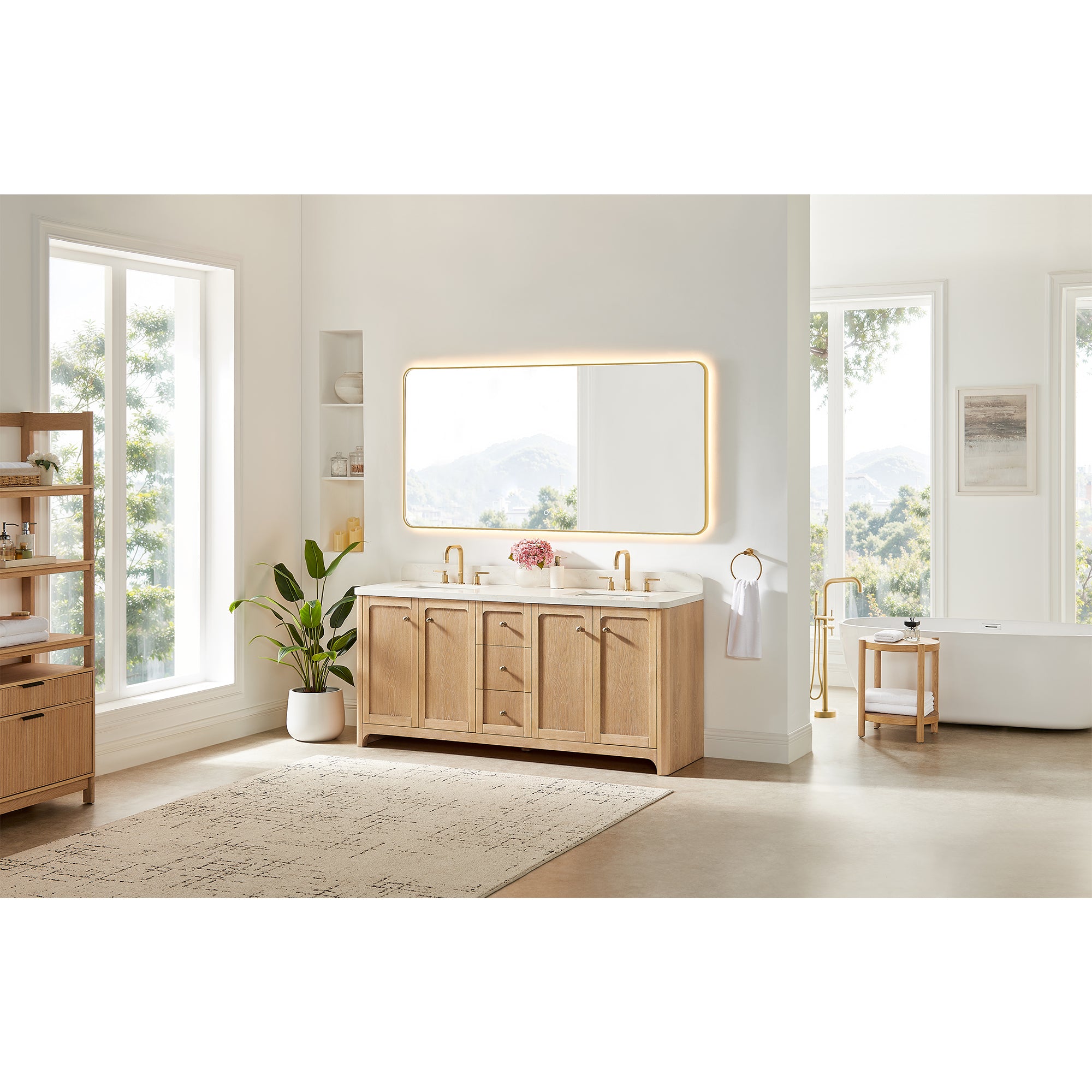 Milner Bathroom Vanity in Brushed Oak with Grain White Engineered Stone Countertop without Mirror