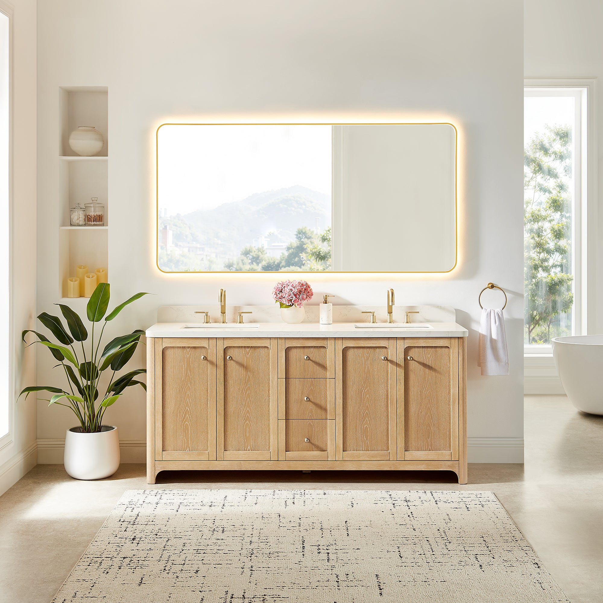 Milner Bathroom Vanity in Brushed Oak with Grain White Engineered Stone Countertop without Mirror