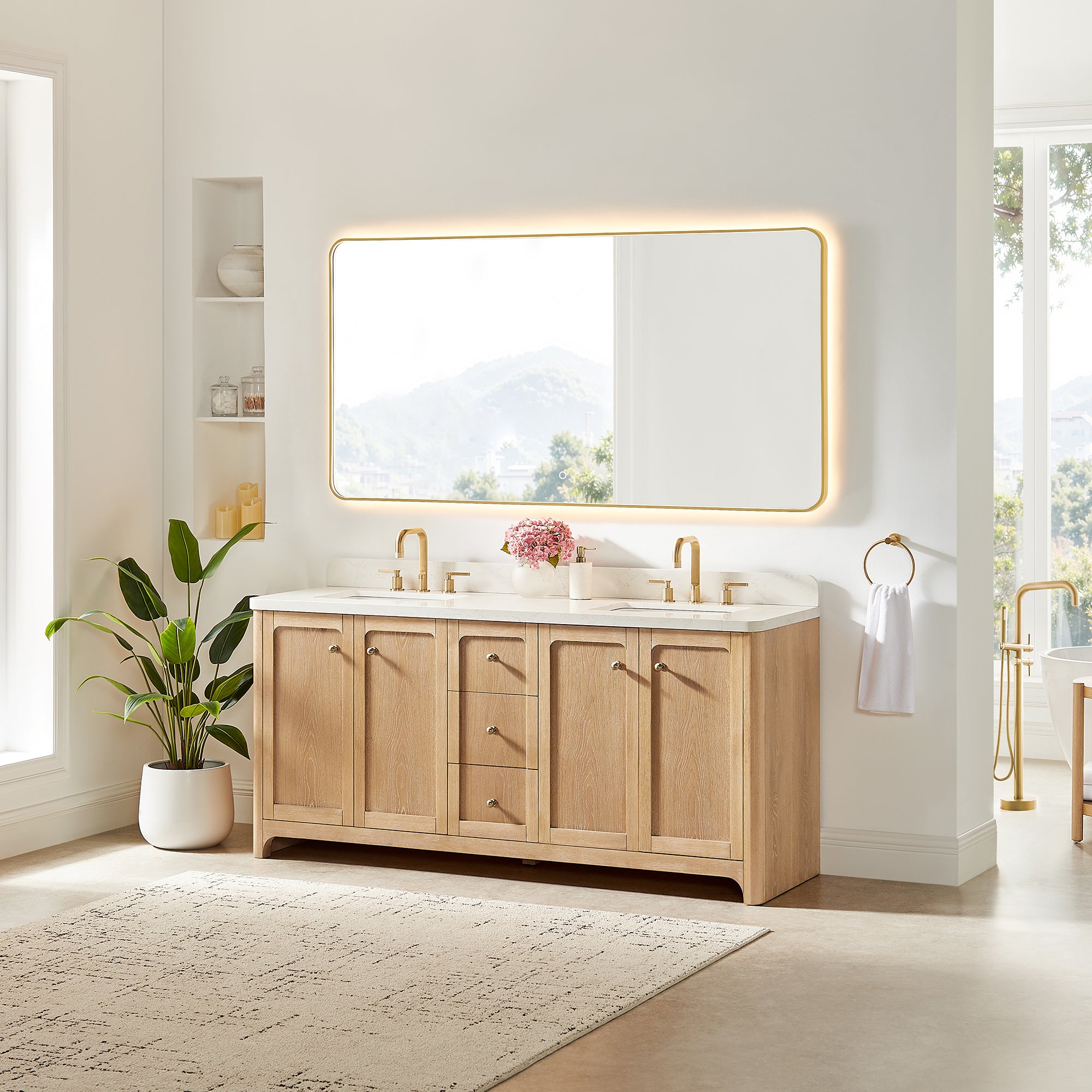 Milner Bathroom Vanity in Brushed Oak with Grain White Engineered Stone Countertop without Mirror