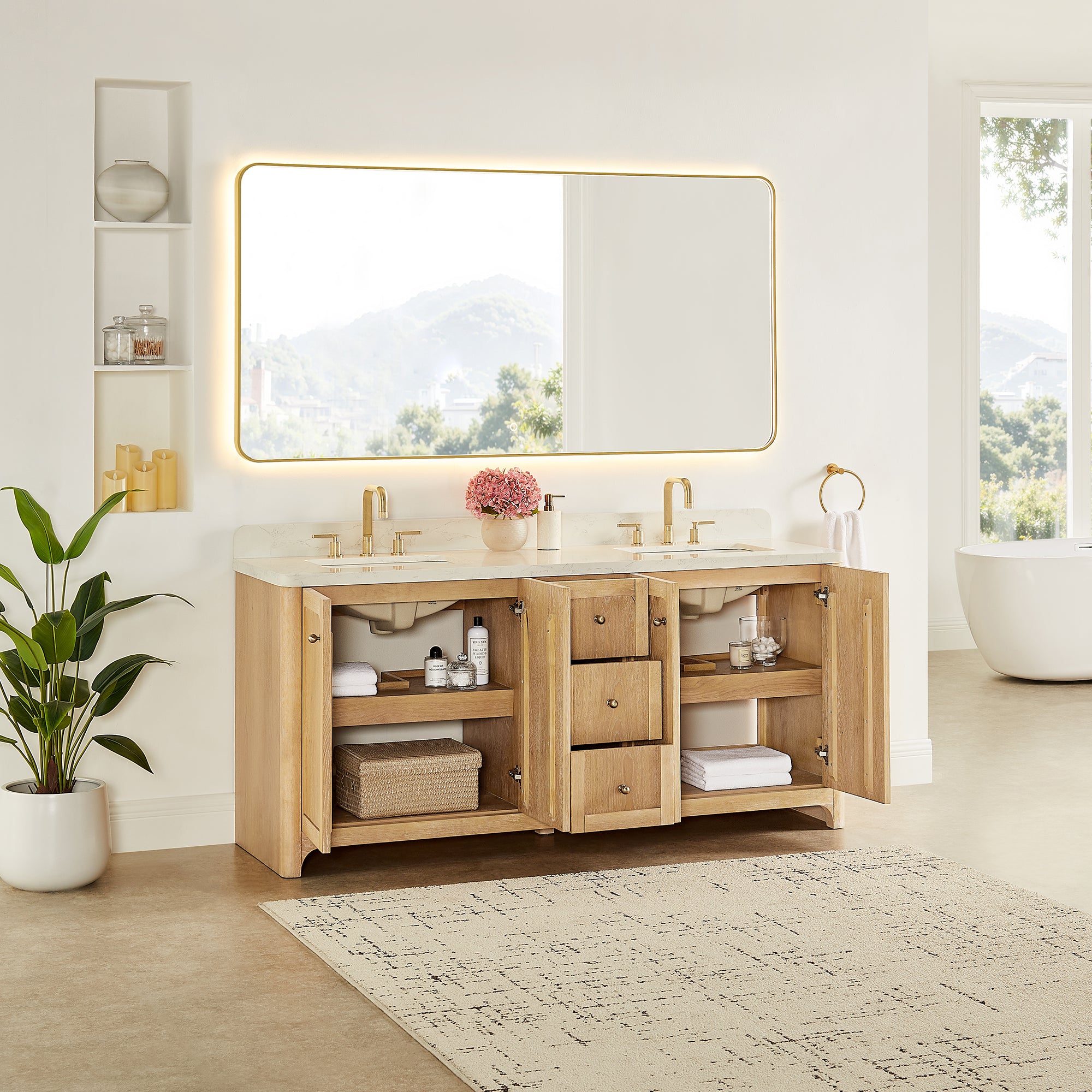 Milner Bathroom Vanity in Brushed Oak with Grain White Engineered Stone Countertop without Mirror
