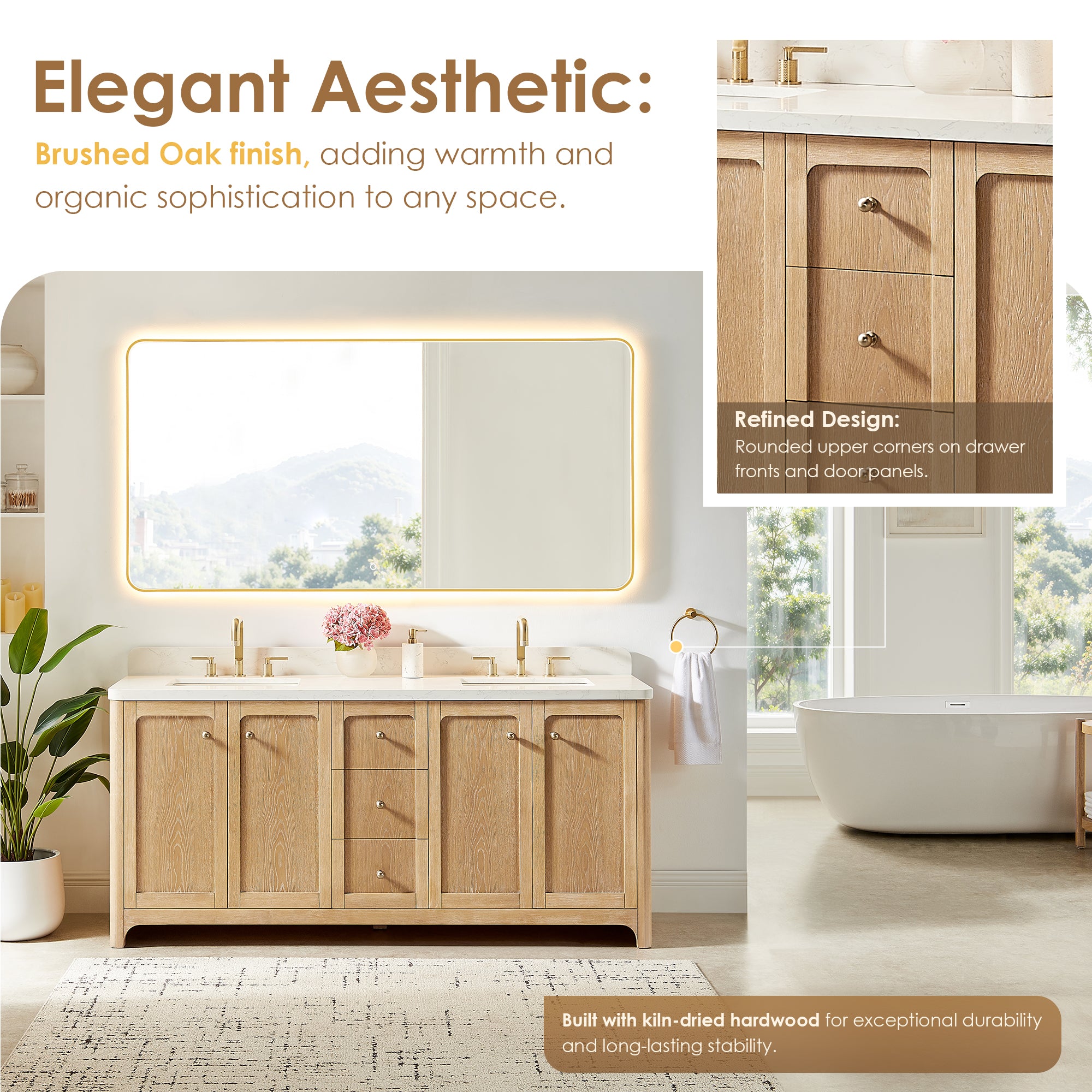 Milner Bathroom Vanity in Brushed Oak with Grain White Engineered Stone Countertop without Mirror