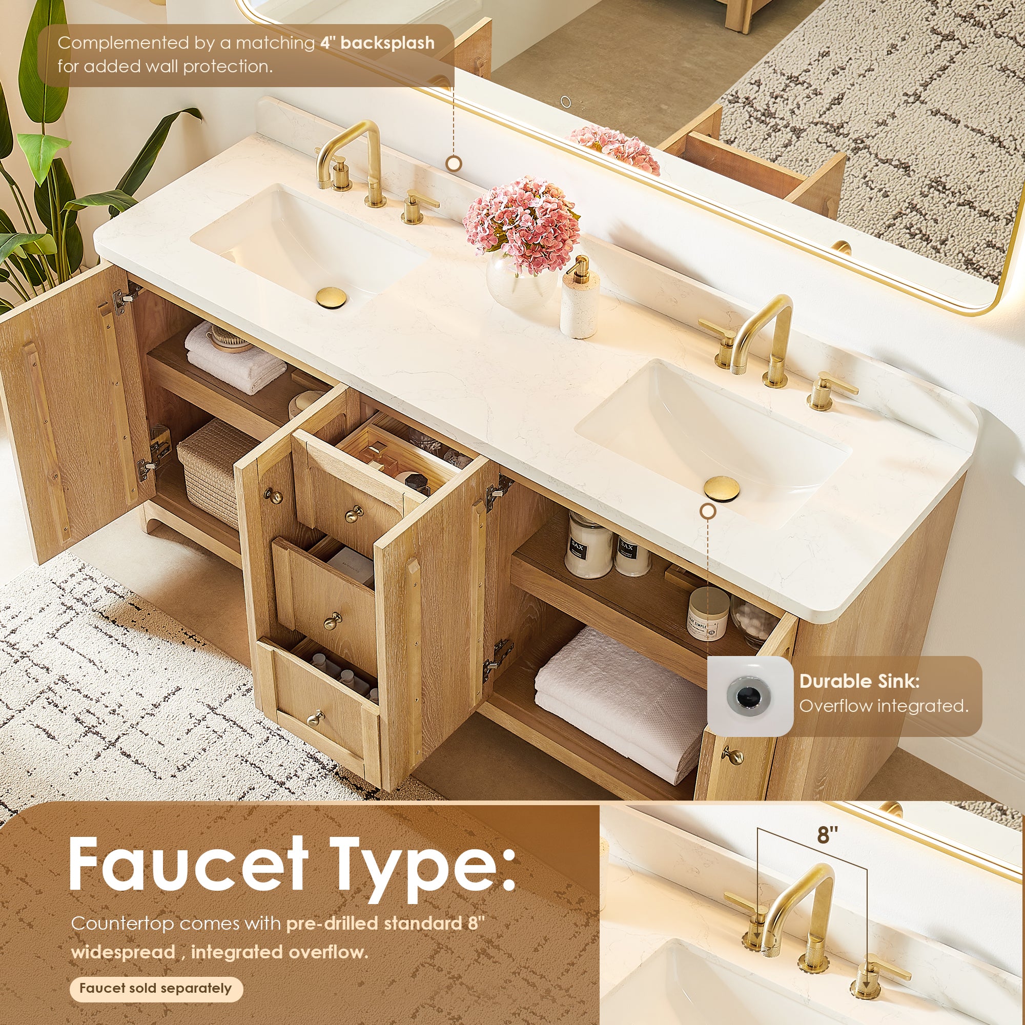 Milner Bathroom Vanity in Brushed Oak with Grain White Engineered Stone Countertop without Mirror