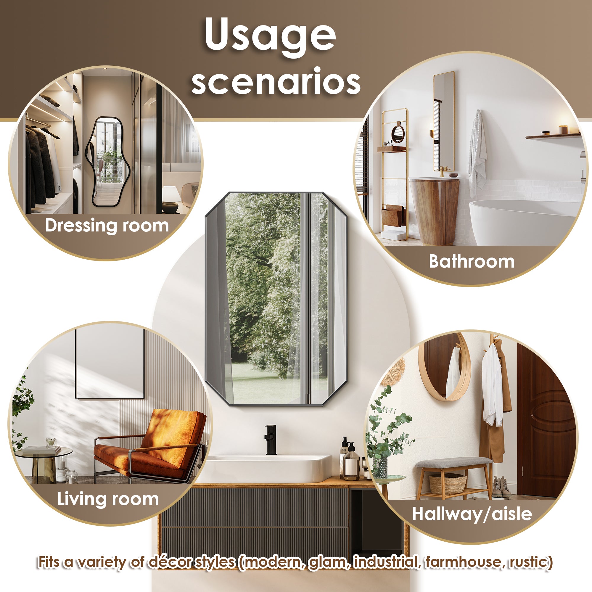 Allure Octagon Aluminum Framed in Modern Bathroom Wall Mirror