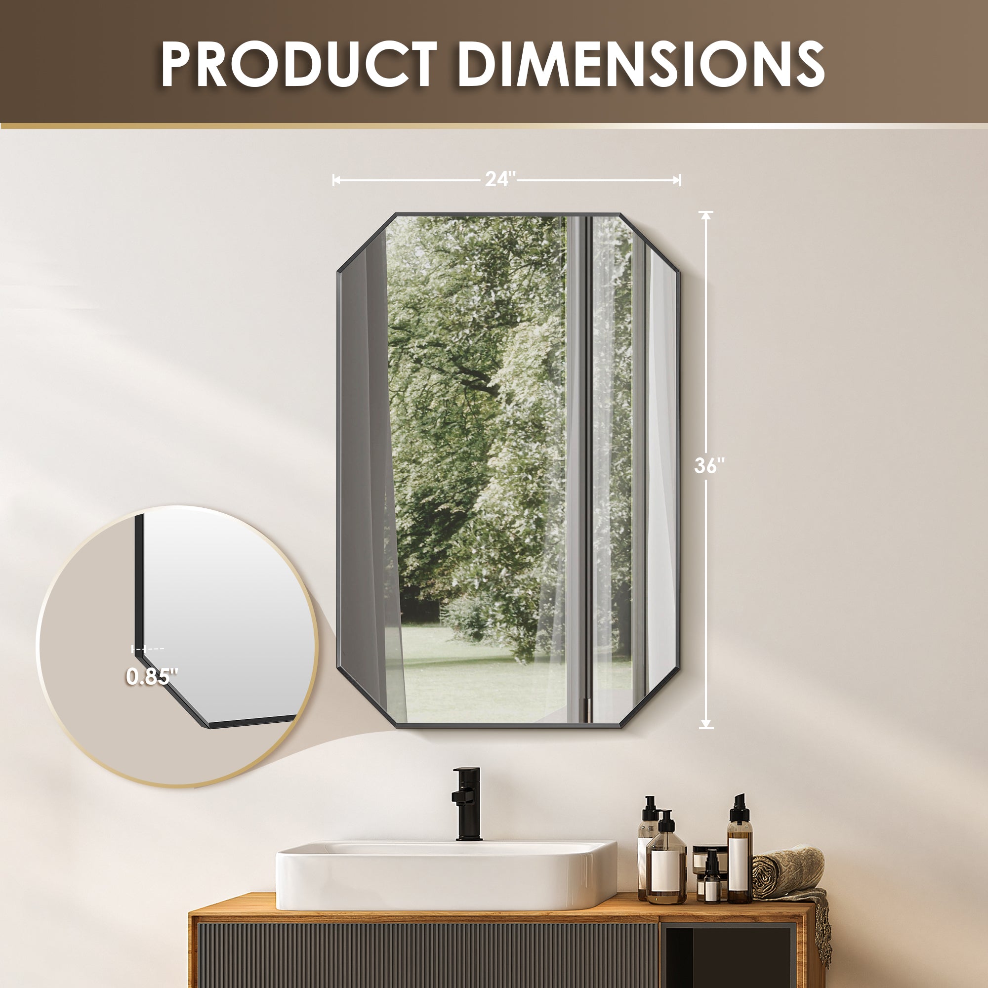 Allure Octagon Aluminum Framed in Modern Bathroom Wall Mirror