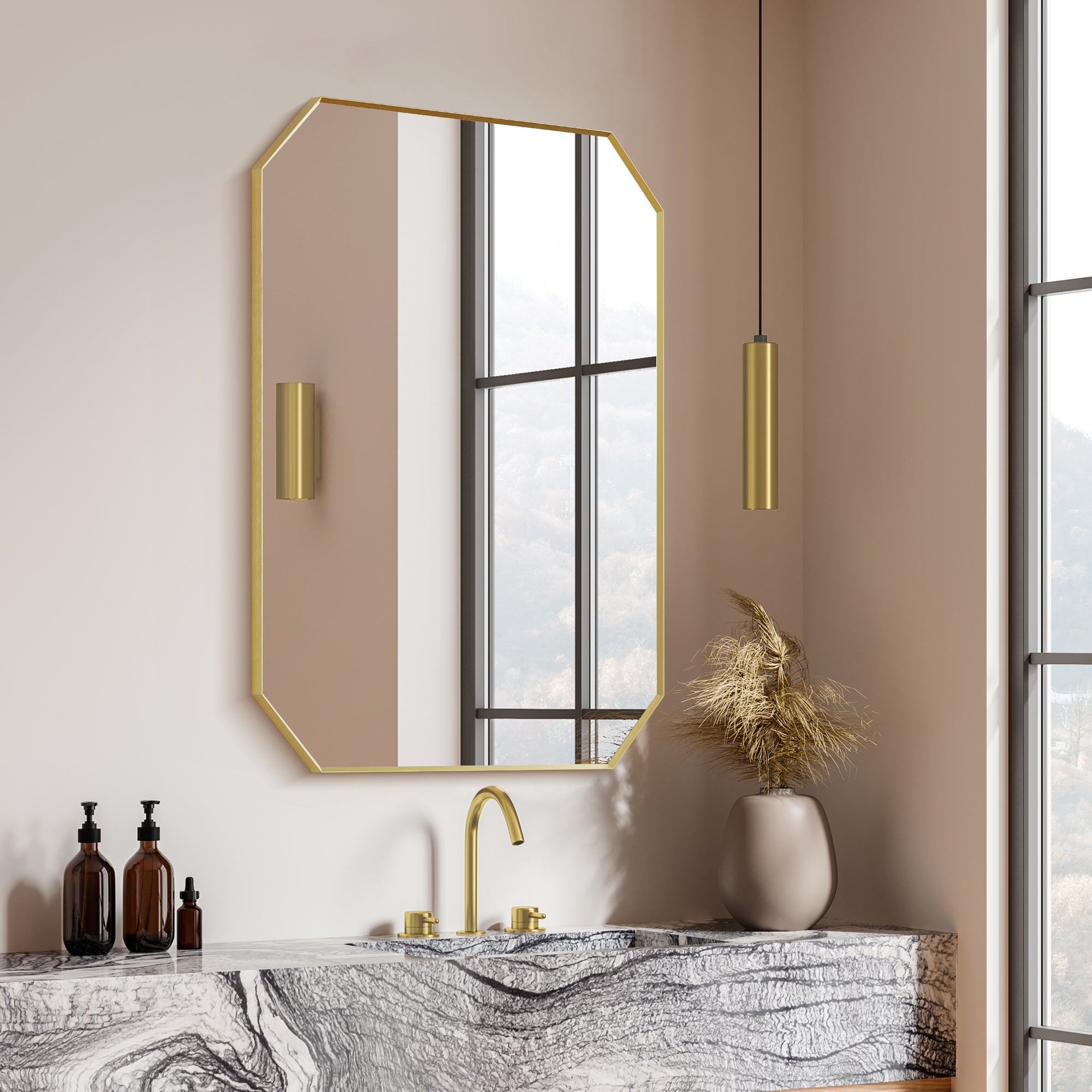Allure Octagon Aluminum Framed in Modern Bathroom Wall Mirror
