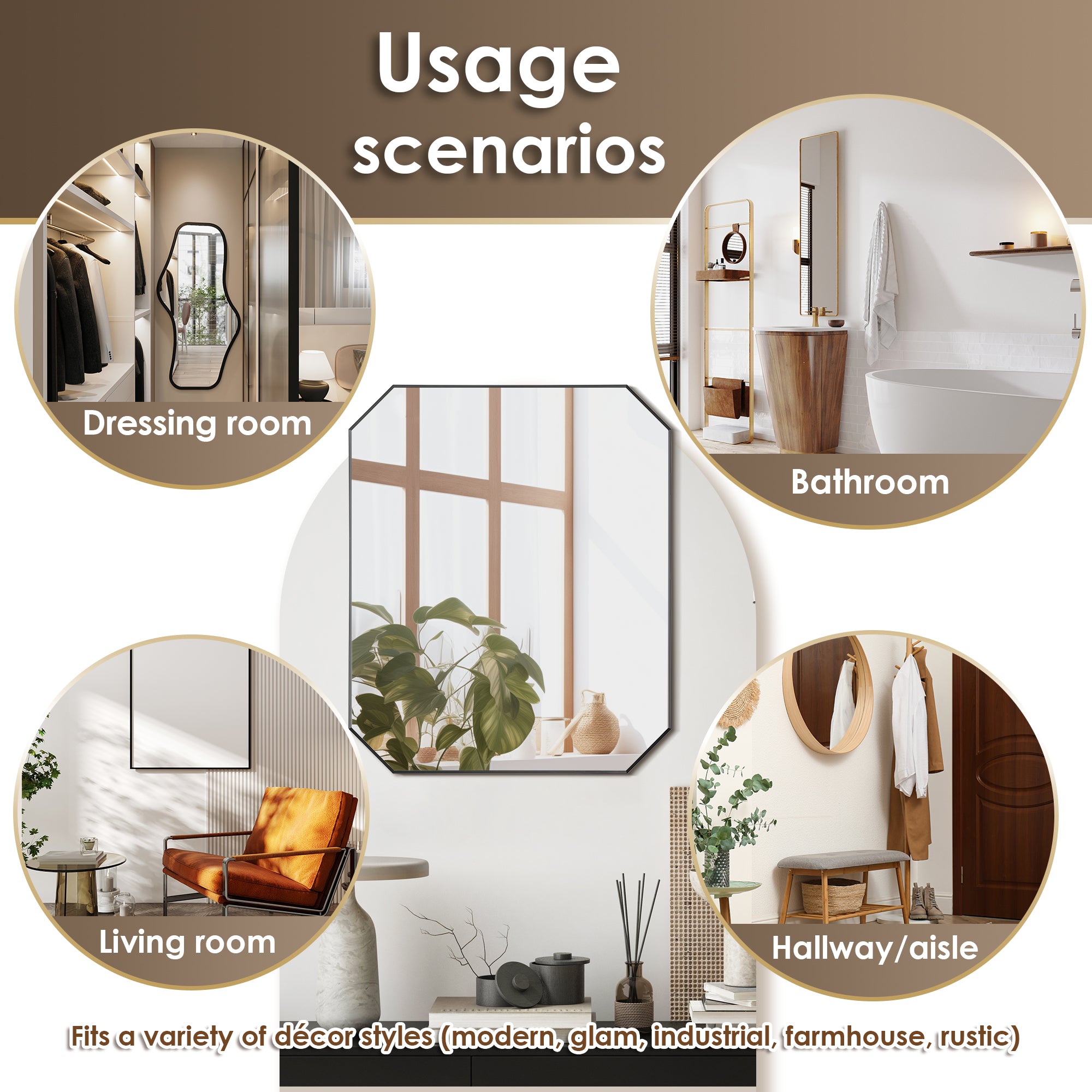 Allure Octagon Aluminum Framed in Modern Bathroom Wall Mirror