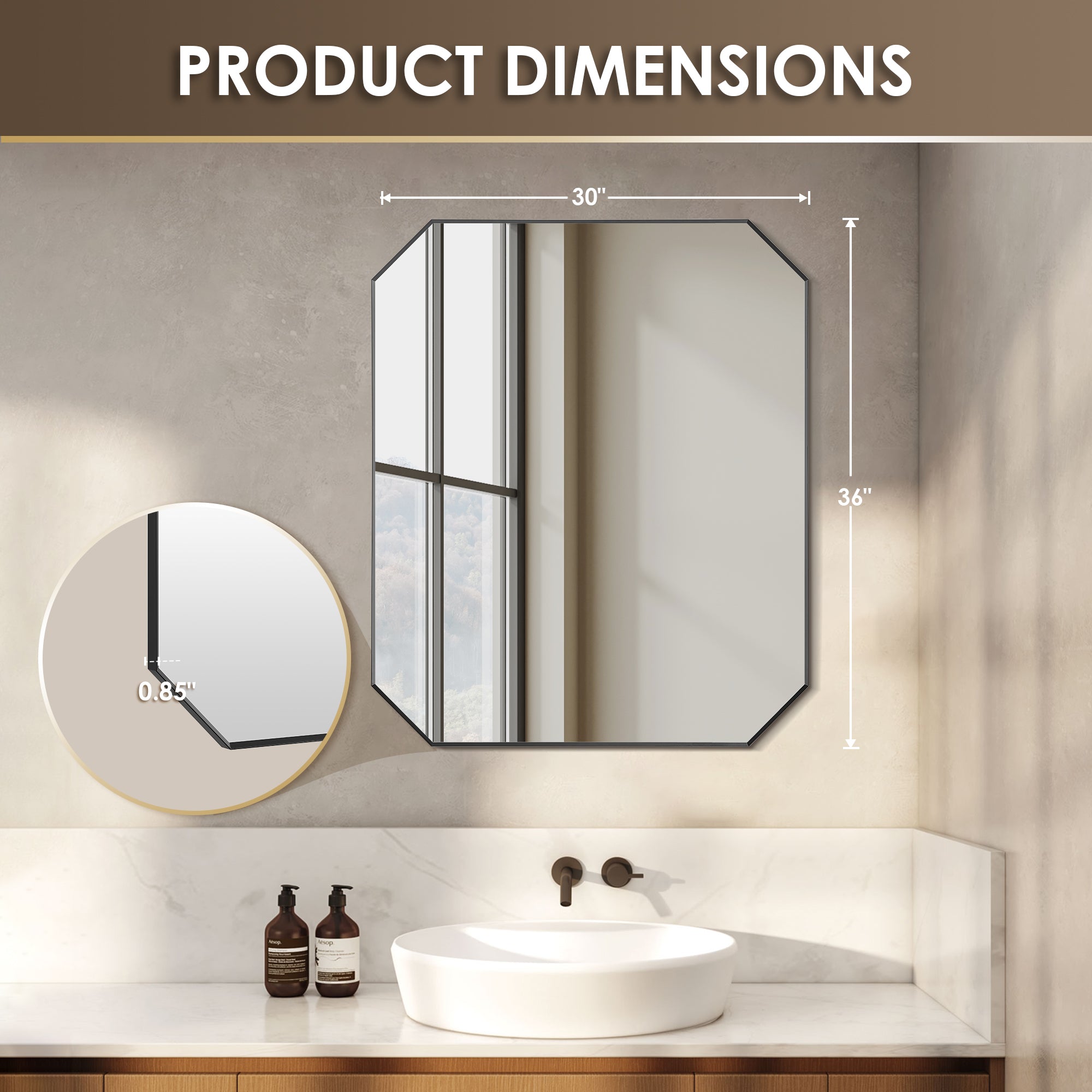 Allure Octagon Aluminum Framed in Modern Bathroom Wall Mirror