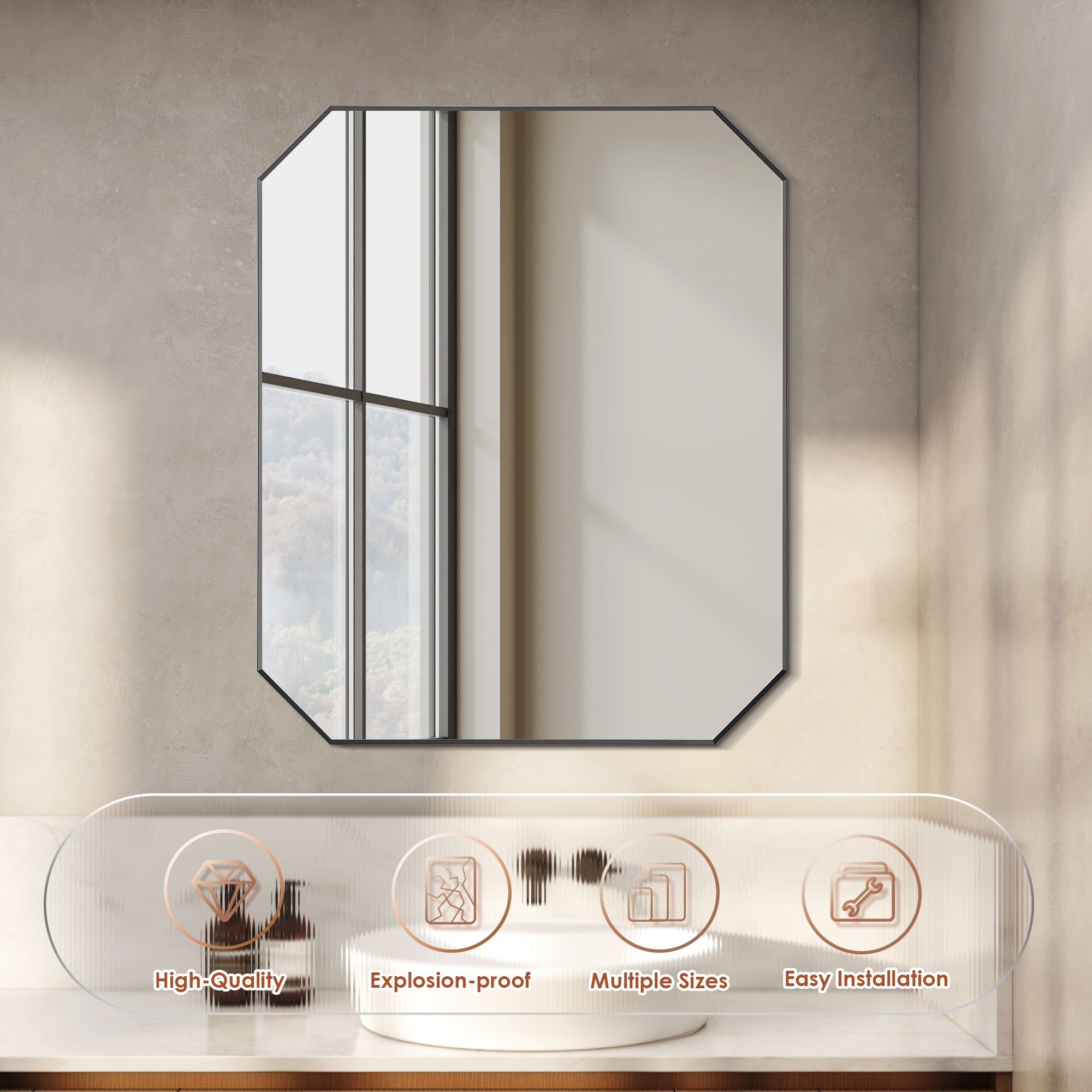 Allure Octagon Aluminum Framed in Modern Bathroom Wall Mirror