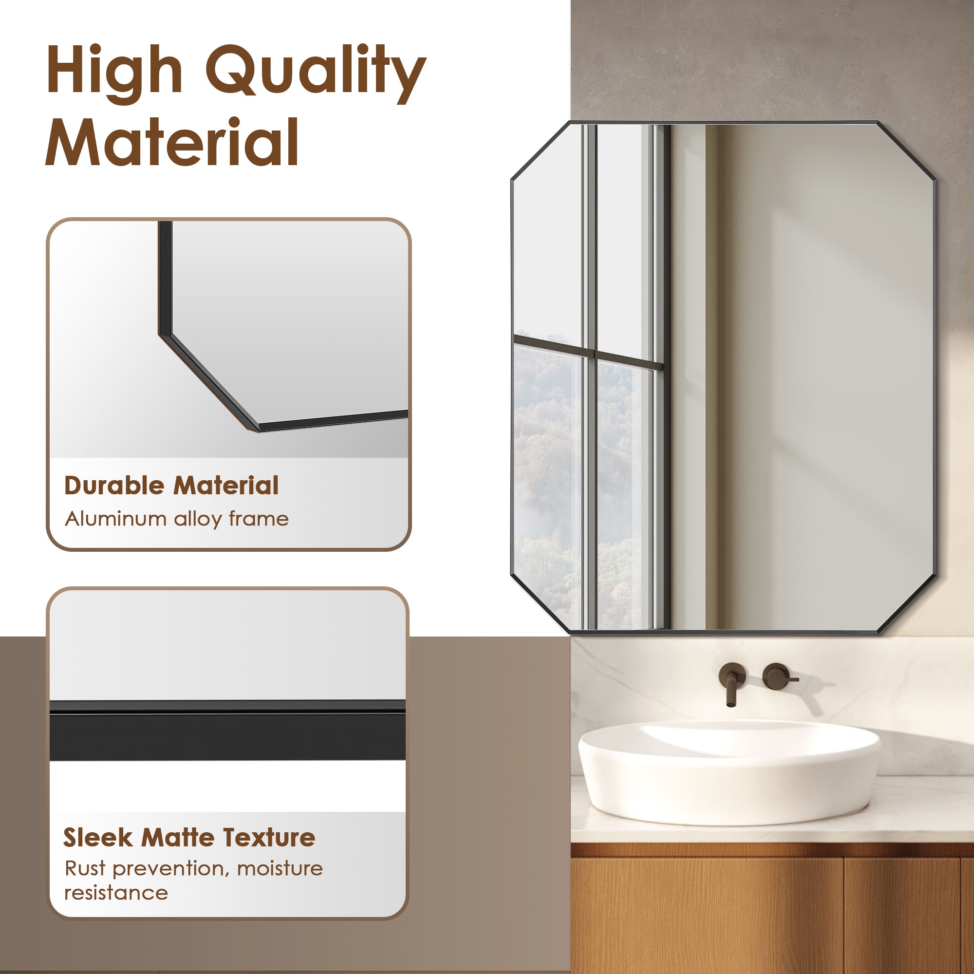 Allure Octagon Aluminum Framed in Modern Bathroom Wall Mirror