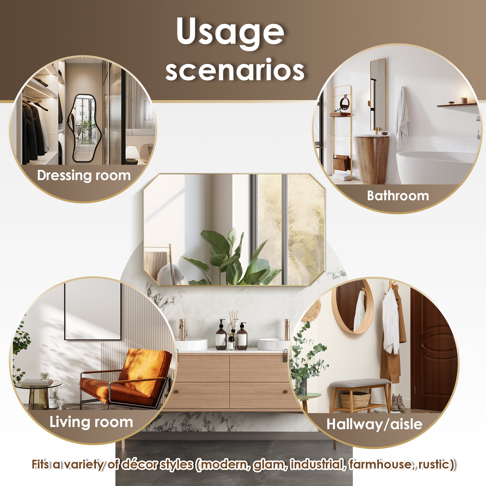 Allure Octagon Aluminum Framed in Modern Bathroom Wall Mirror