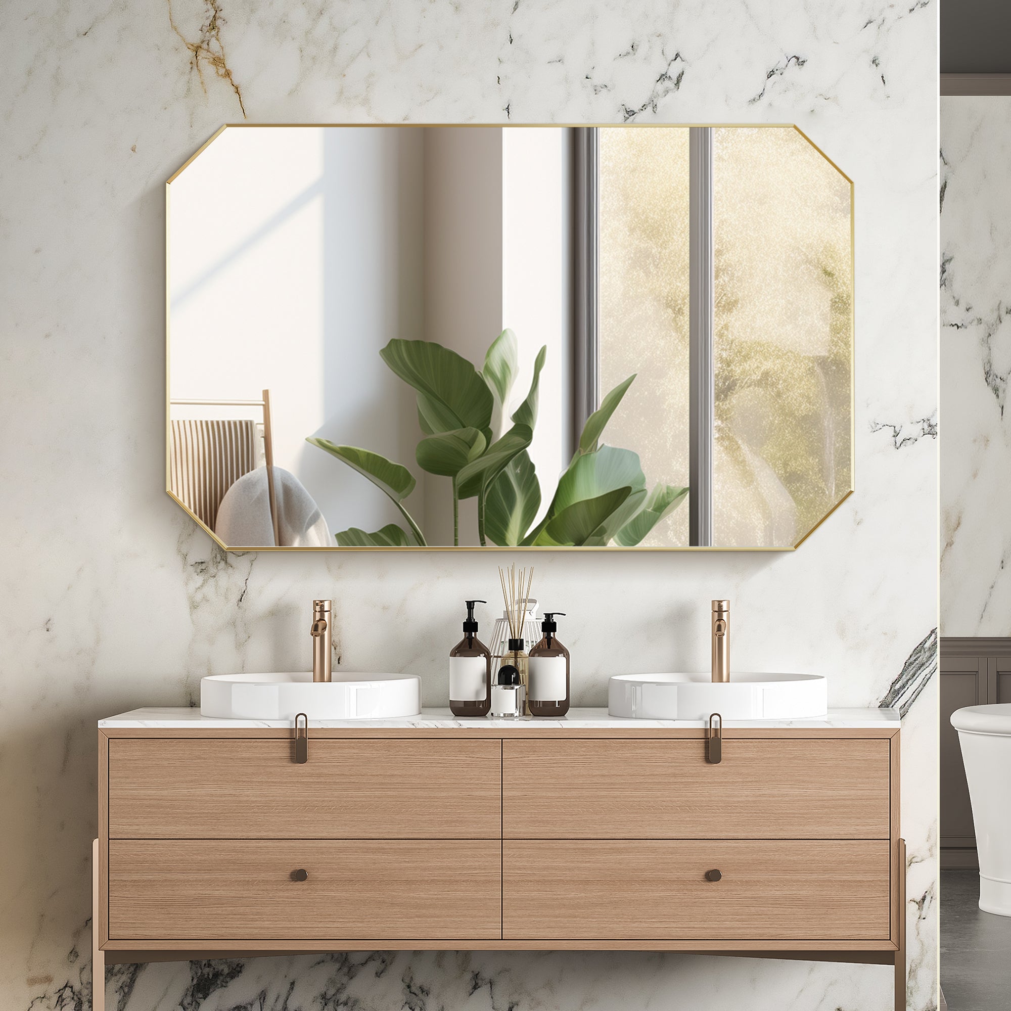 Allure Octagon Aluminum Framed in Modern Bathroom Wall Mirror