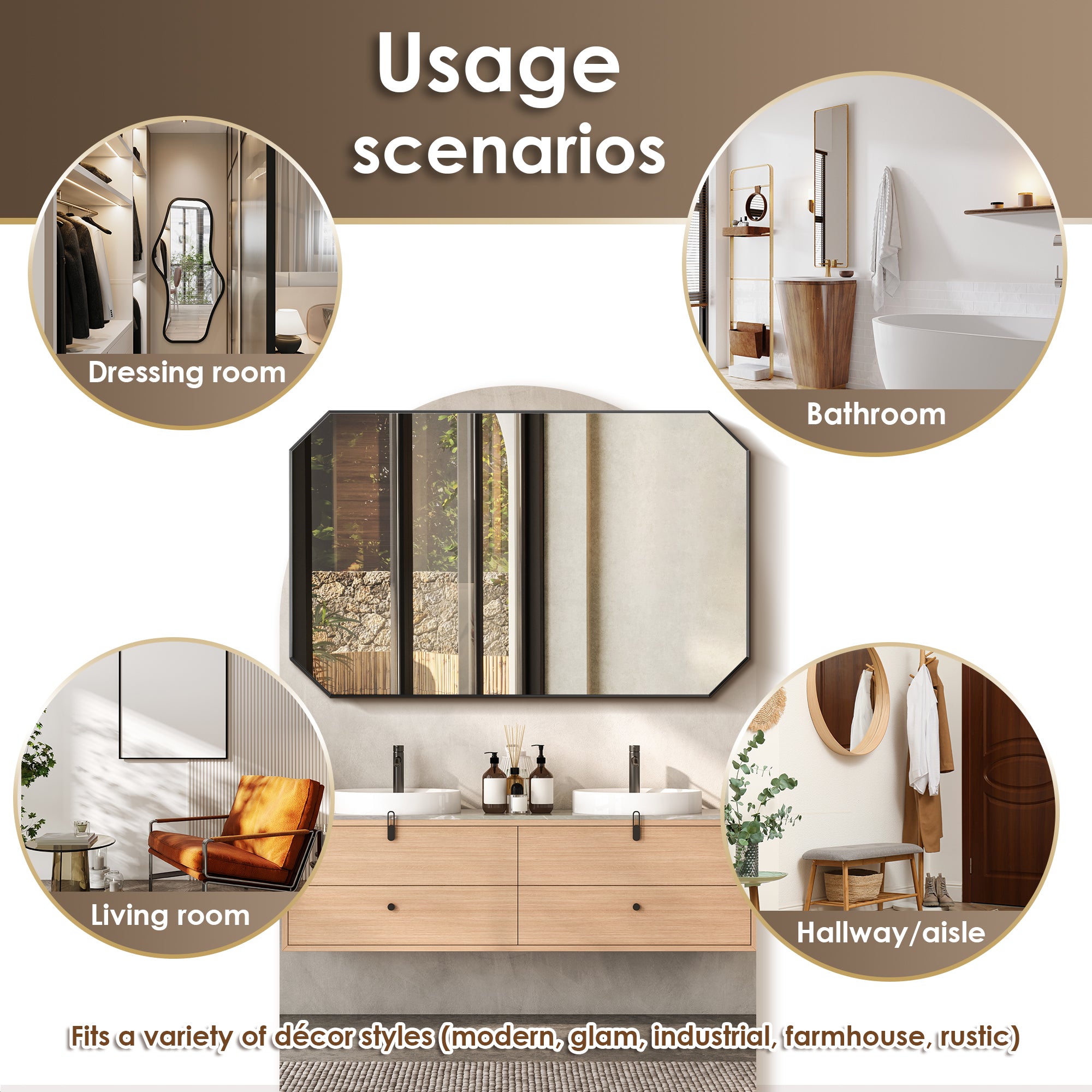 Allure Octagon Aluminum Framed in Modern Bathroom Wall Mirror