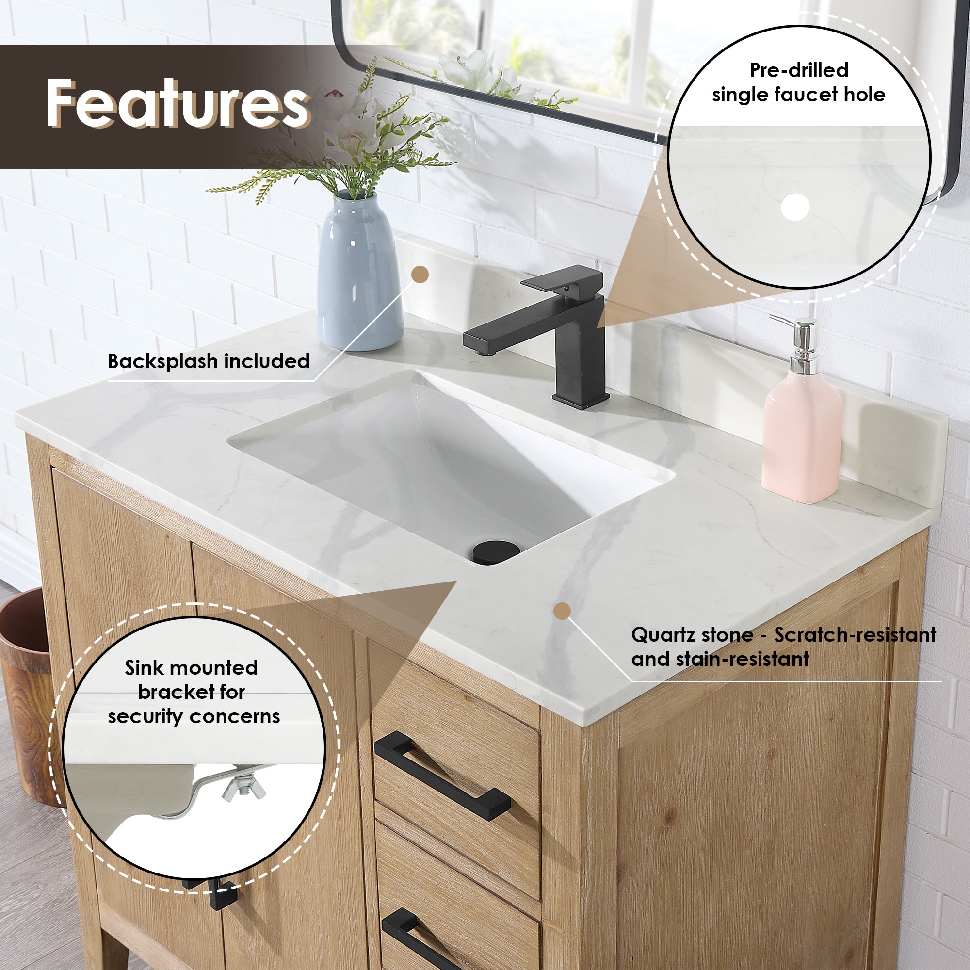 Arbios in Quartz Vanity Top in Calacatta White with White Sink
