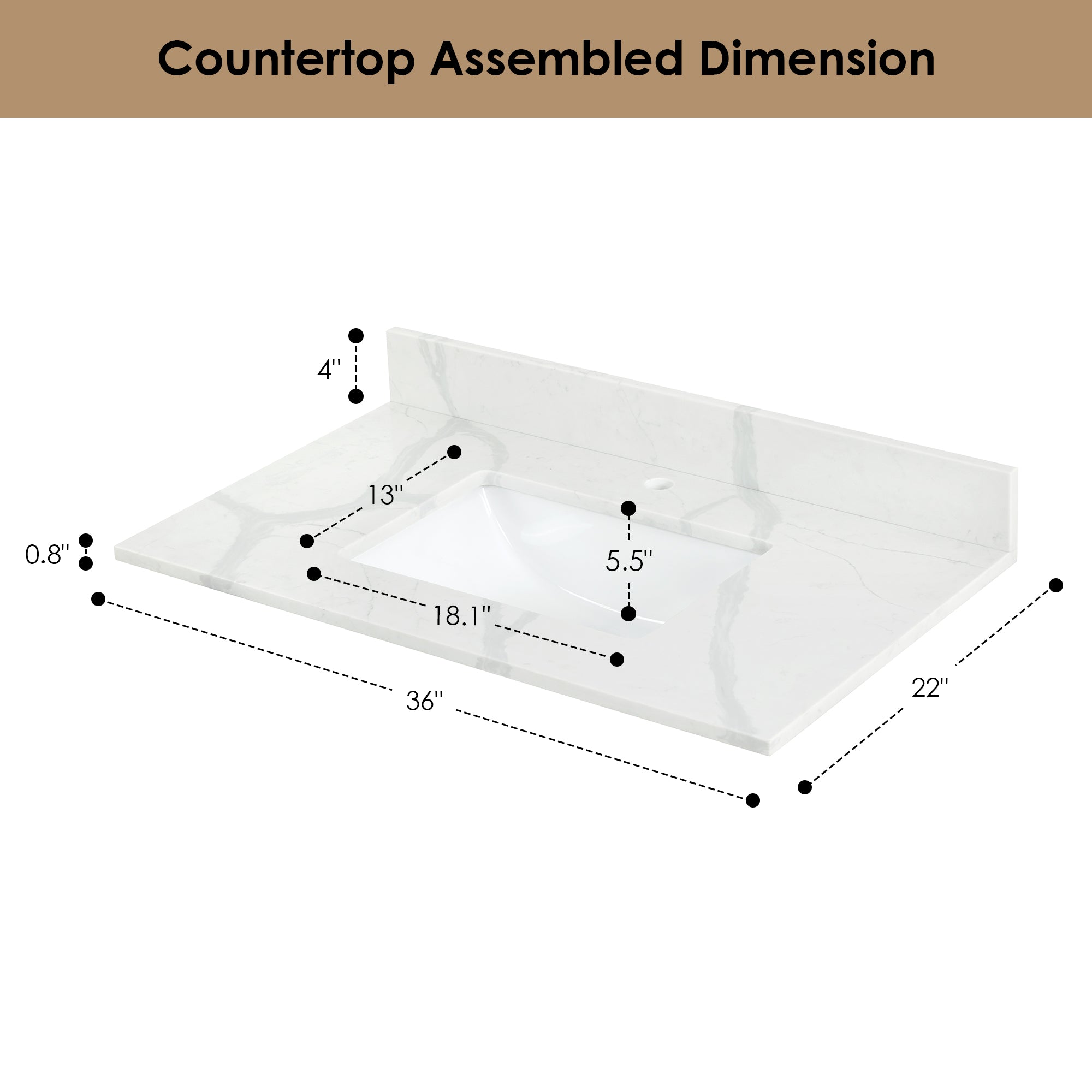 Arbios in Quartz Vanity Top in Calacatta White with White Sink