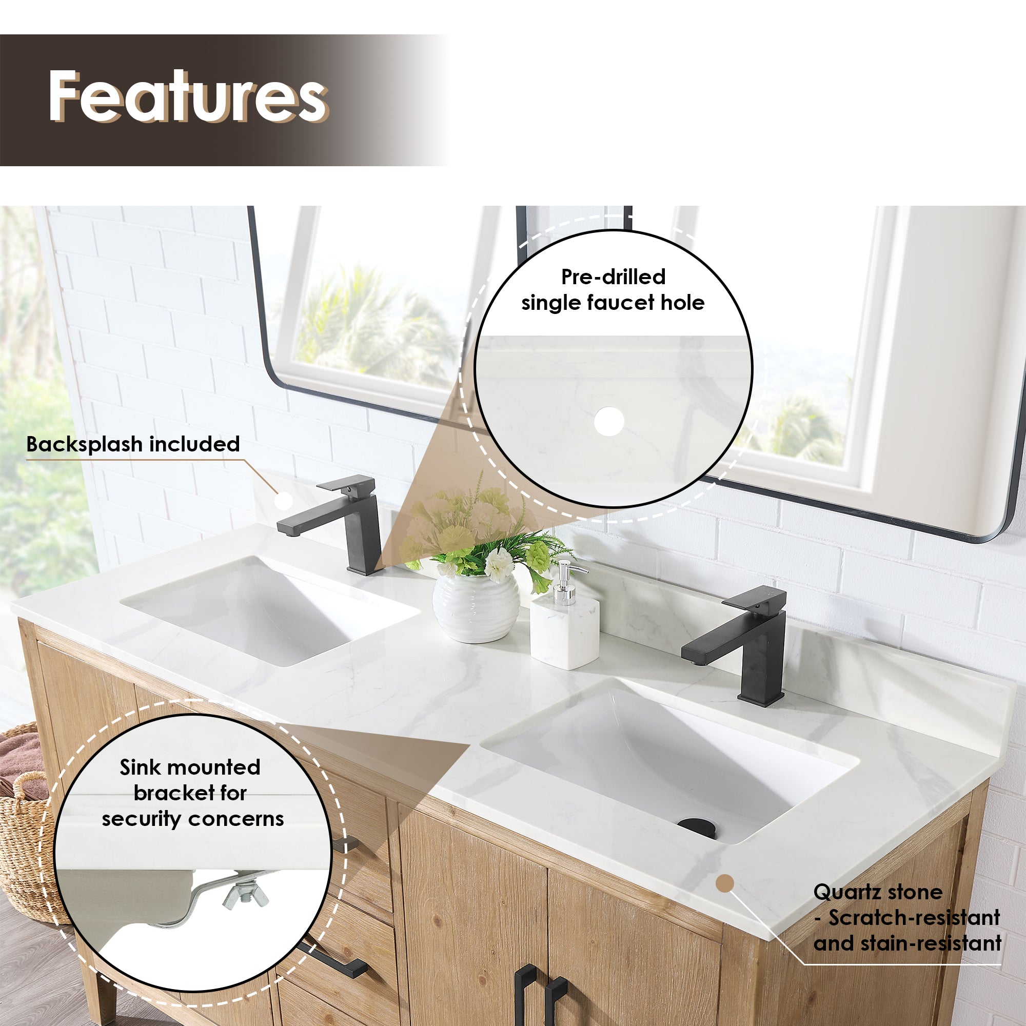 Arbios in Quartz Vanity Top in Calacatta White with White Sink