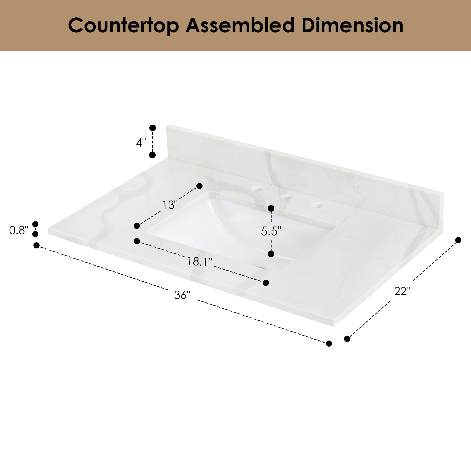 Arbios in Quartz Vanity Top in Calacatta White with White Sink
