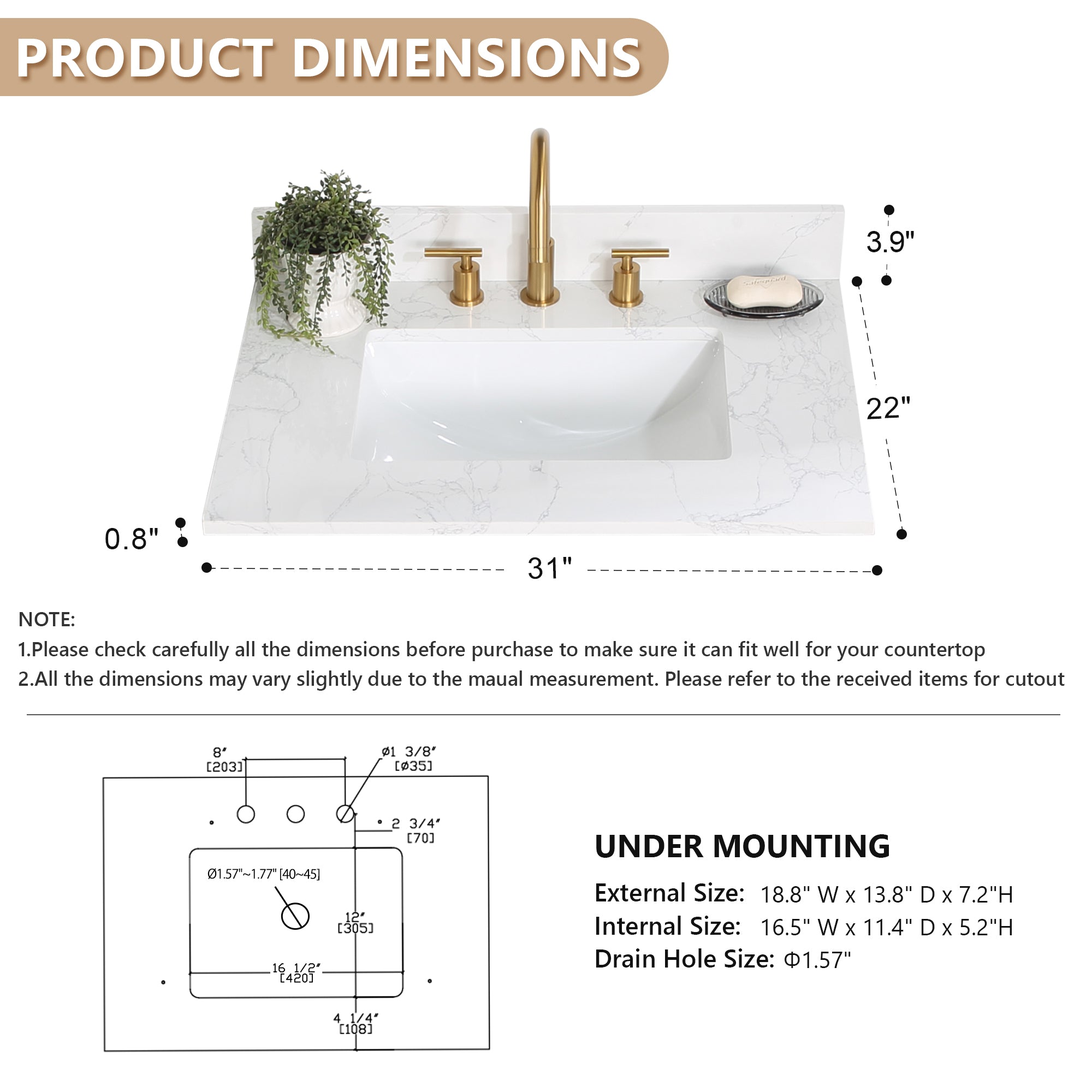 Ceres in Engineered Stone Vanity Top in Grain White with Single White Sink