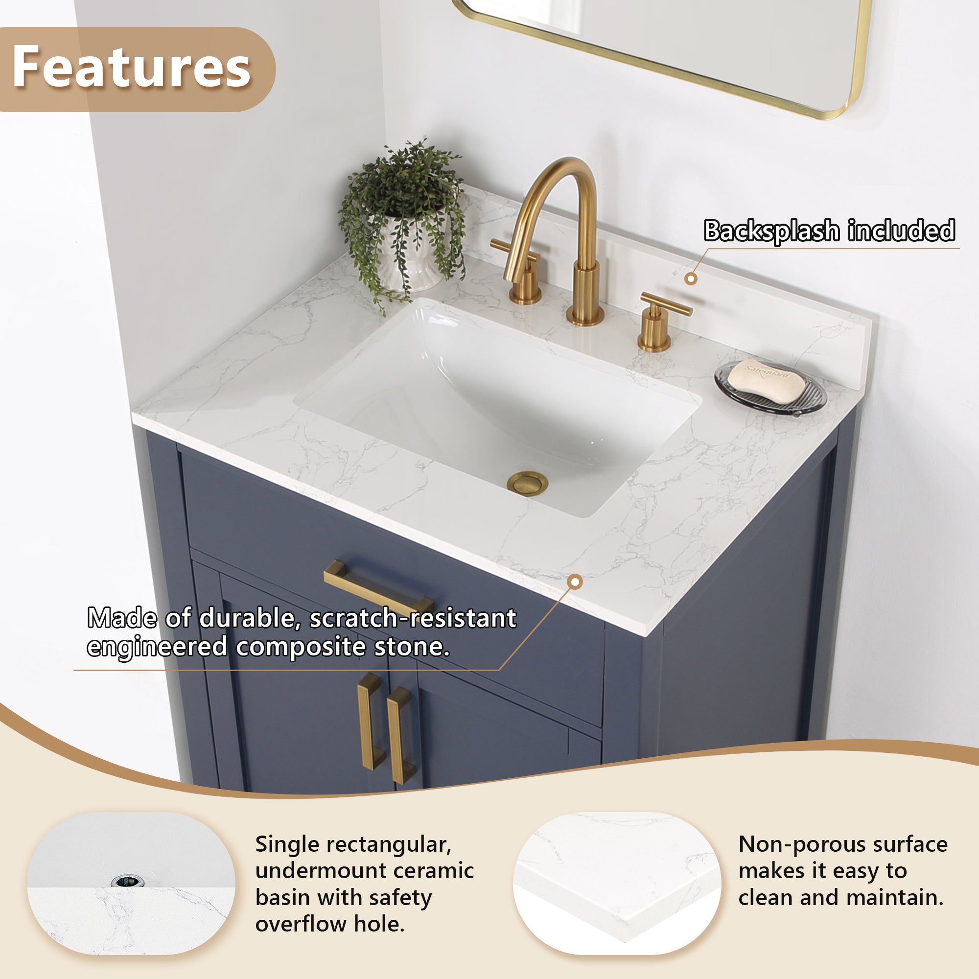 Ceres in Engineered Stone Vanity Top in Grain White with Single White Sink