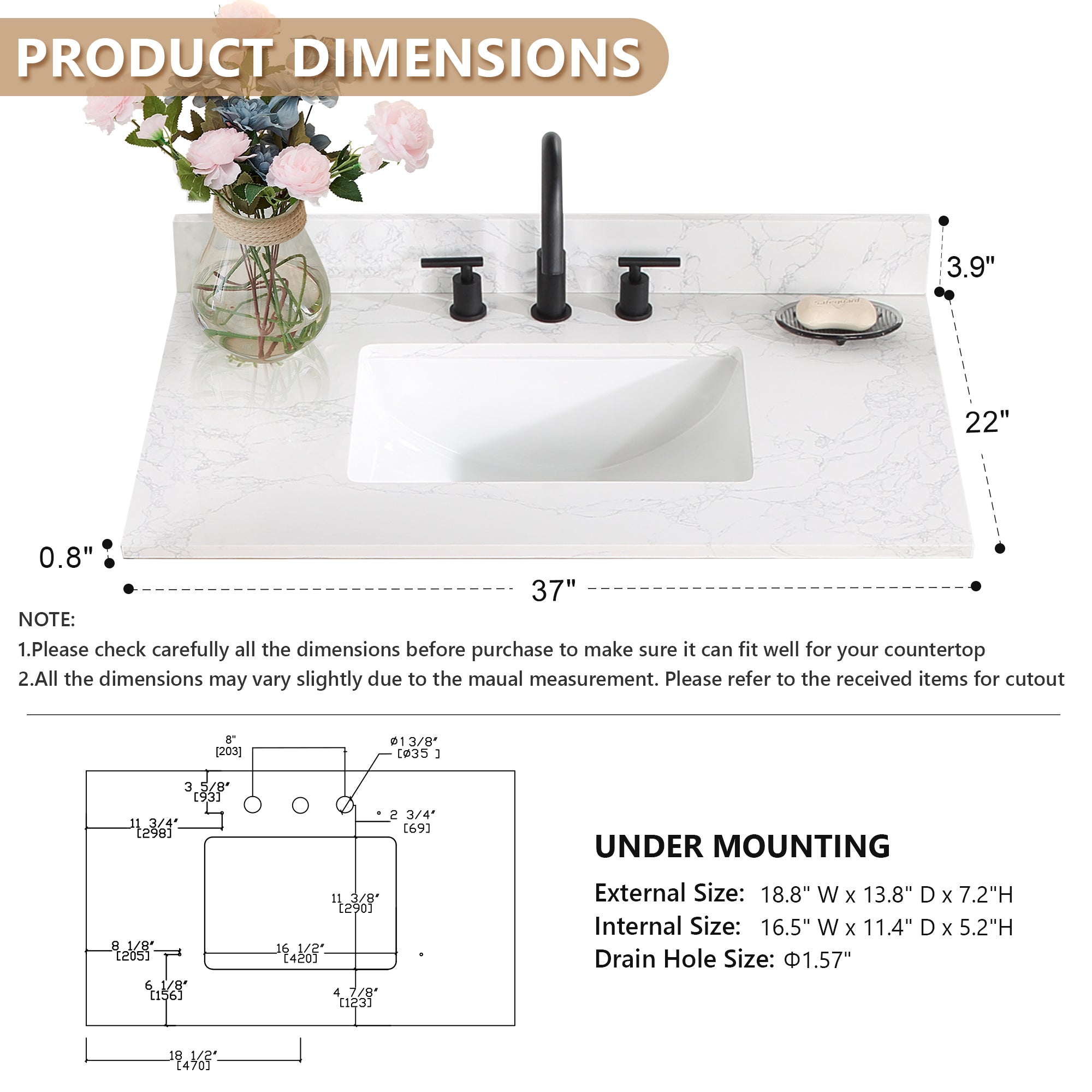 Ceres in Engineered Stone Vanity Top in Grain White with Single White Sink