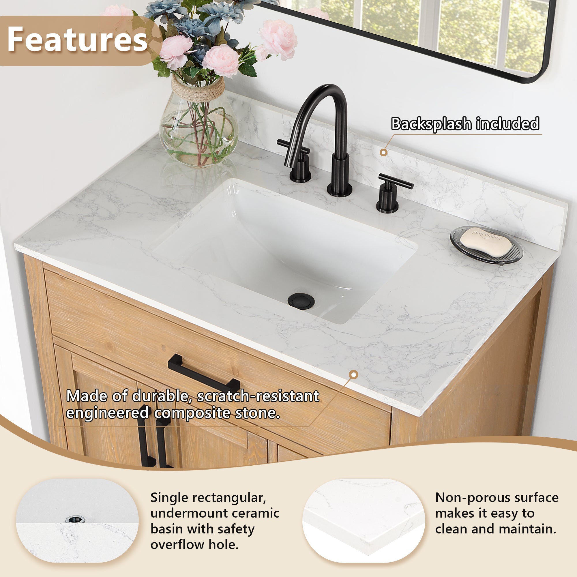 Ceres in Engineered Stone Vanity Top in Grain White with Single White Sink