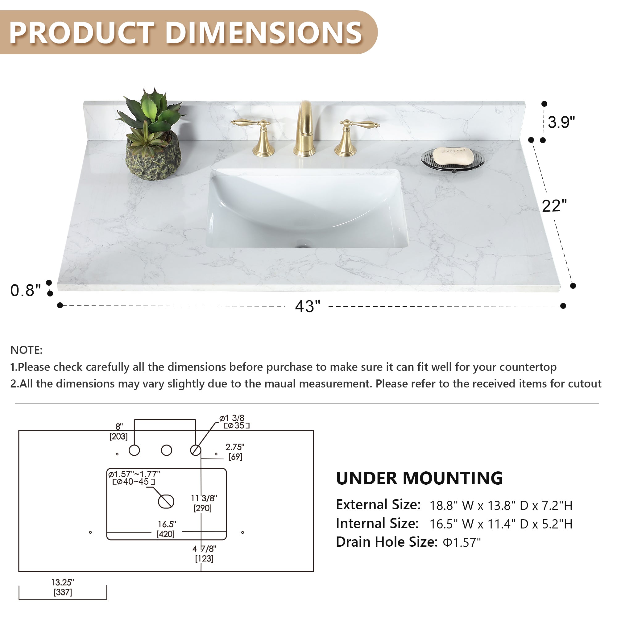Ceres in Engineered Stone Vanity Top in Grain White with Single White Sink