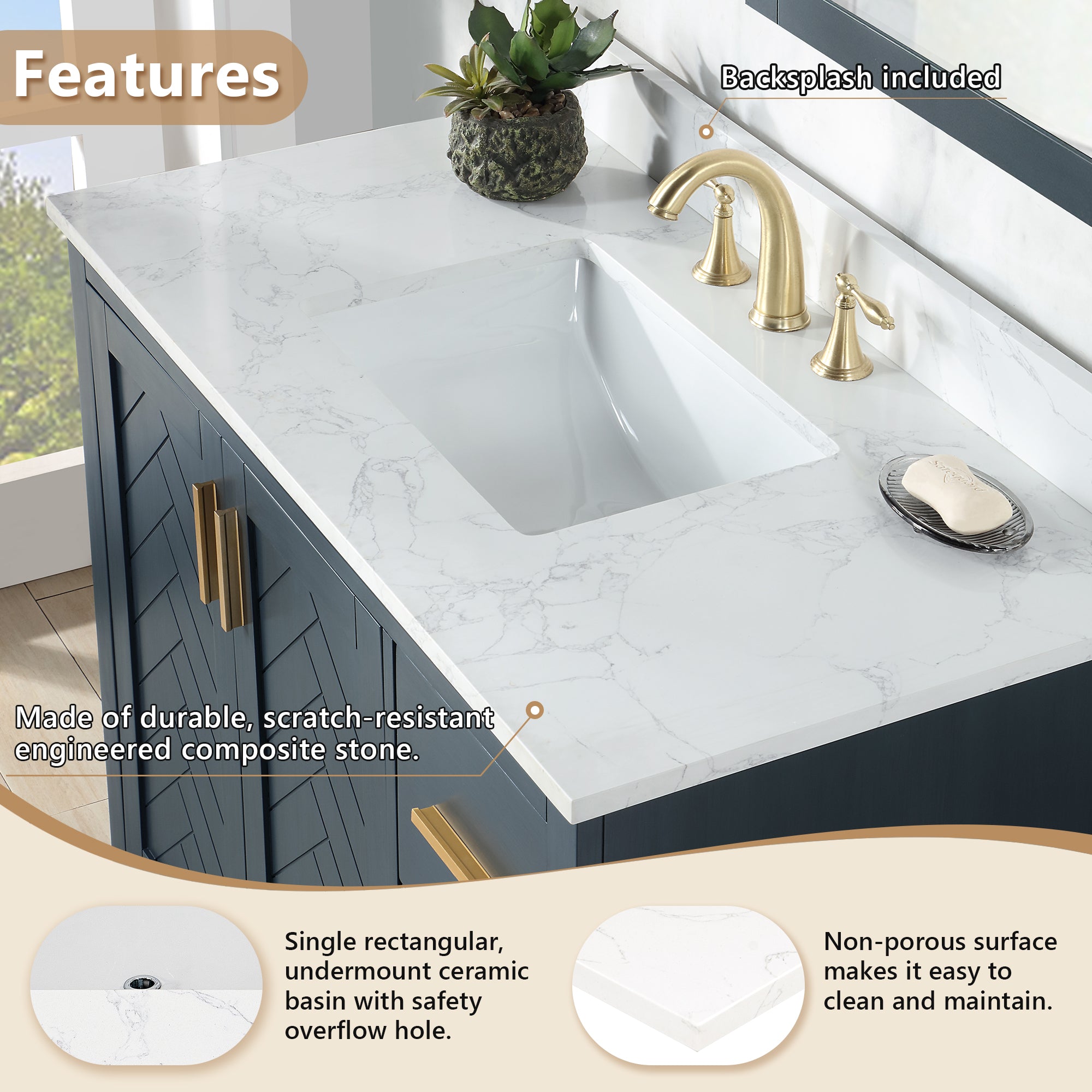 Ceres in Engineered Stone Vanity Top in Grain White with Single White Sink
