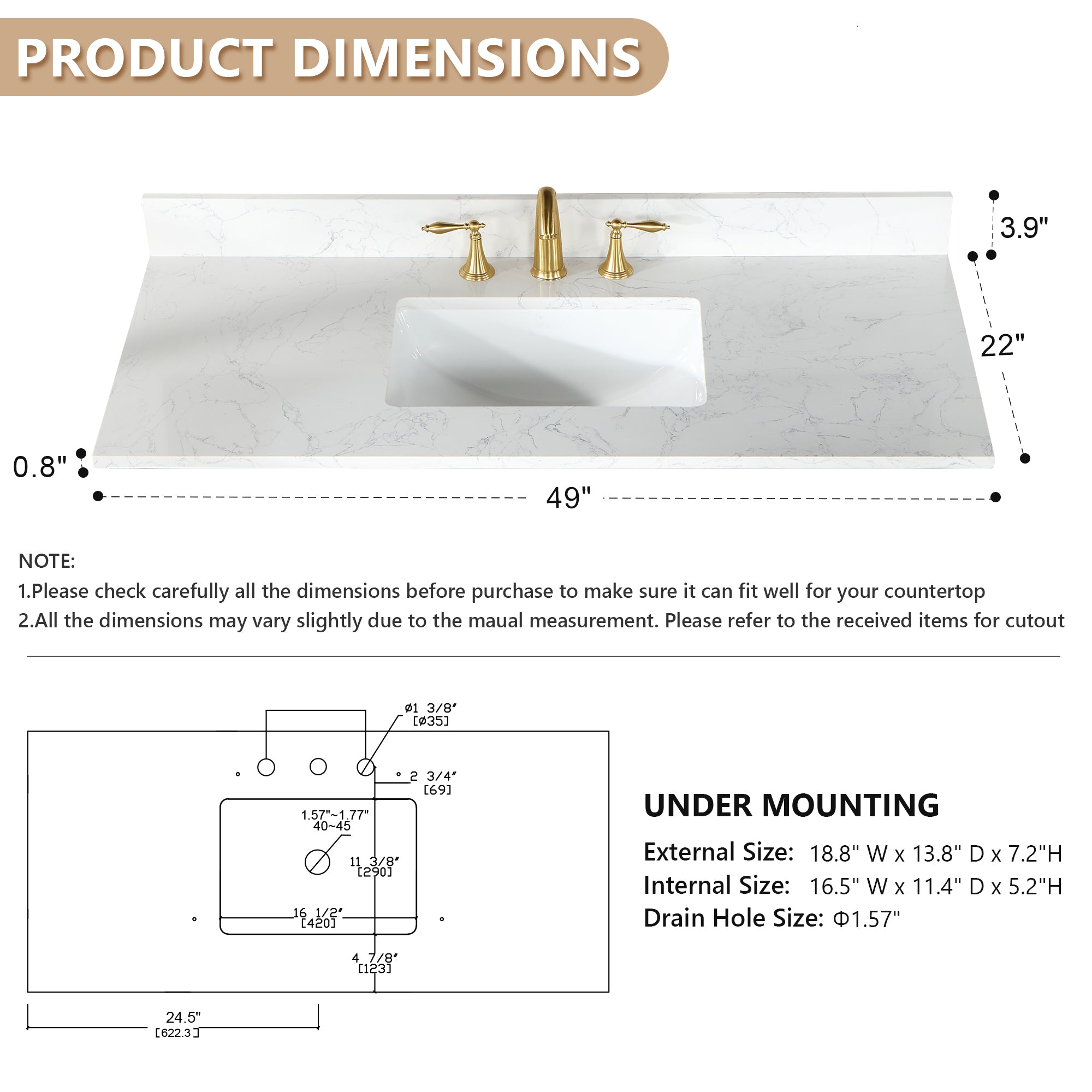 Ceres in Engineered Stone Vanity Top in Grain White with Single White Sink