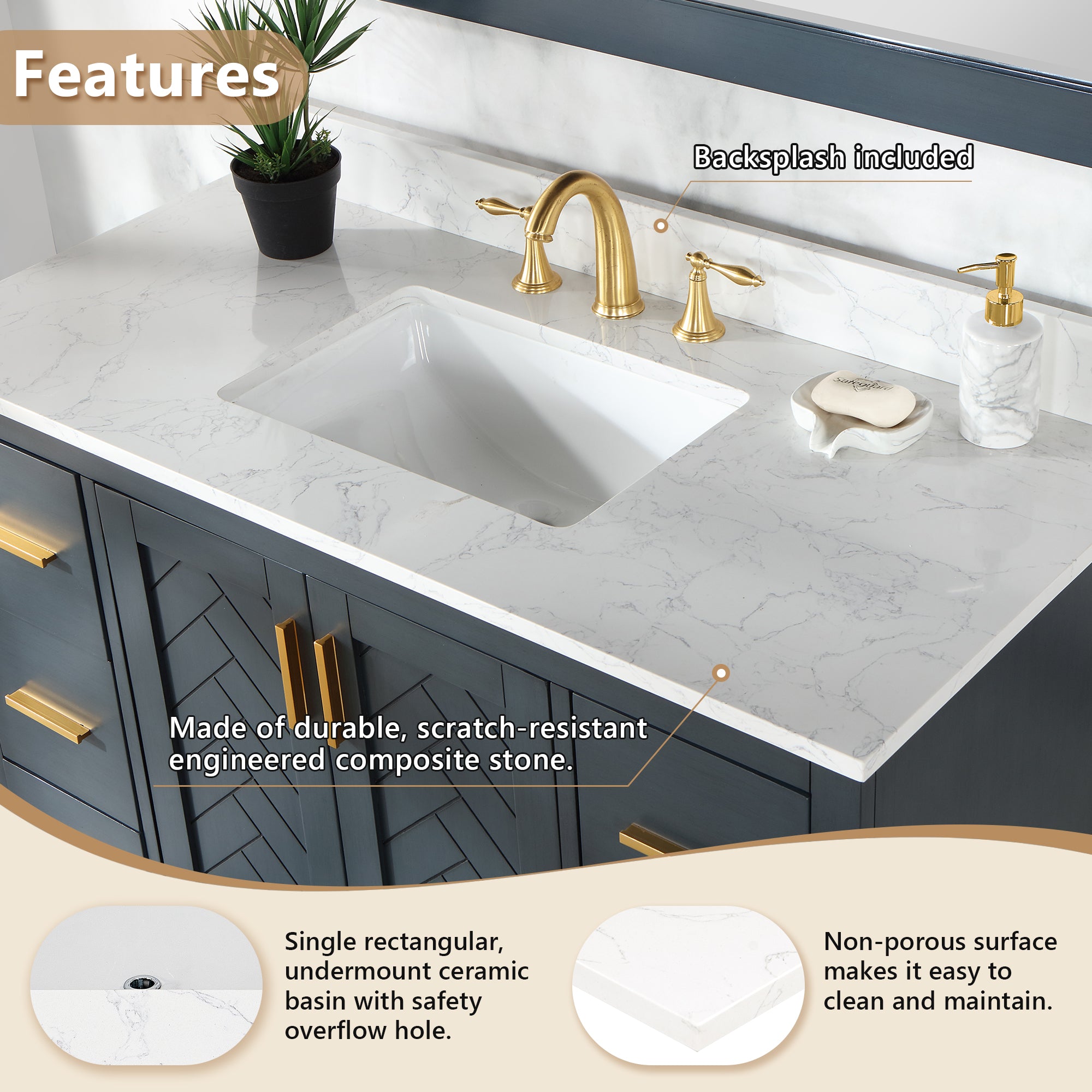 Ceres in Engineered Stone Vanity Top in Grain White with Single White Sink