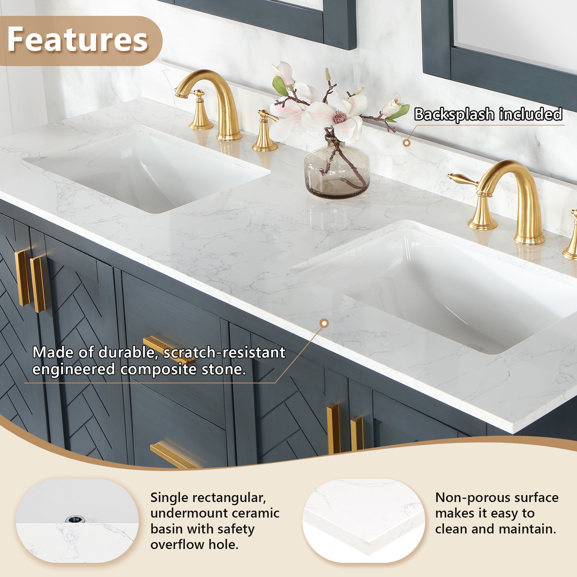 Ceres in Engineered Stone Vanity Top in Grain White with Single White Sink